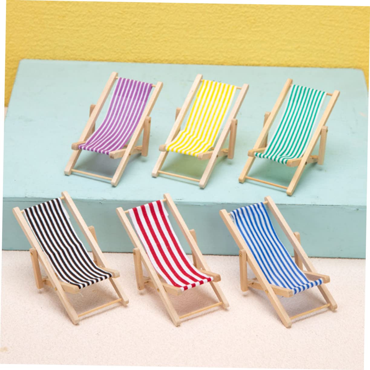 6-Piece Miniature Beach Chair Set - Dollhouse Sunbath Chairs, Fairy Garden Deck Chairs & Seaside Landscape Decor - Perfect for DIY Beach Layouts, Fairy Gardens, and Miniature Scenes - Foldable Wooden Furniture for Dolls and Miniatures