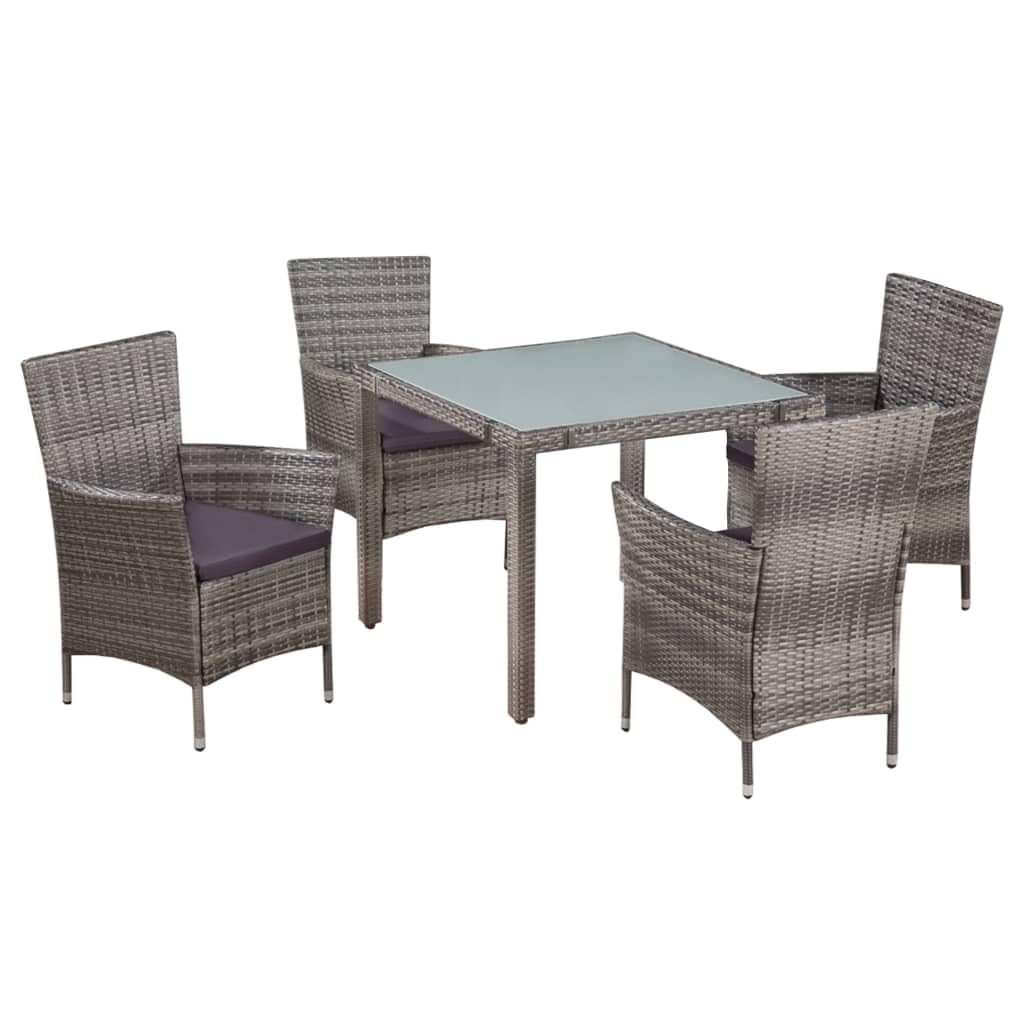 vidaXL 5-Piece Patio Dining Set with Glass Tabletop, Gray Poly Rattan Chairs with Cushions & Steel Legs - Outdoor Furniture for Garden, Backyard, and Poolside Dining
