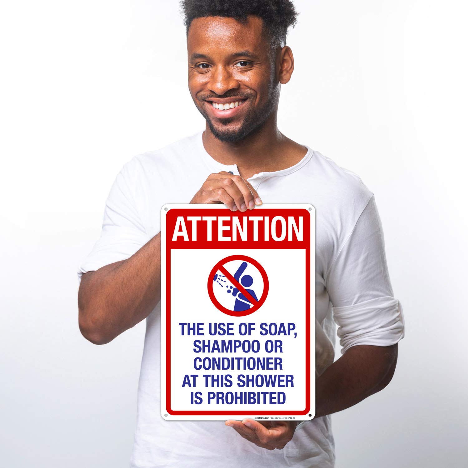 Waterproof Aluminum Shower Sign - 'Attention: No Soap, Shampoo or Conditioner' - 10x14 Inches Rust-Free Pool Sign for Indoor/Outdoor Use - Fade-Resistant Durable Sign Made in USA - Perfect for Swimming Pools, Gyms & Public Showers