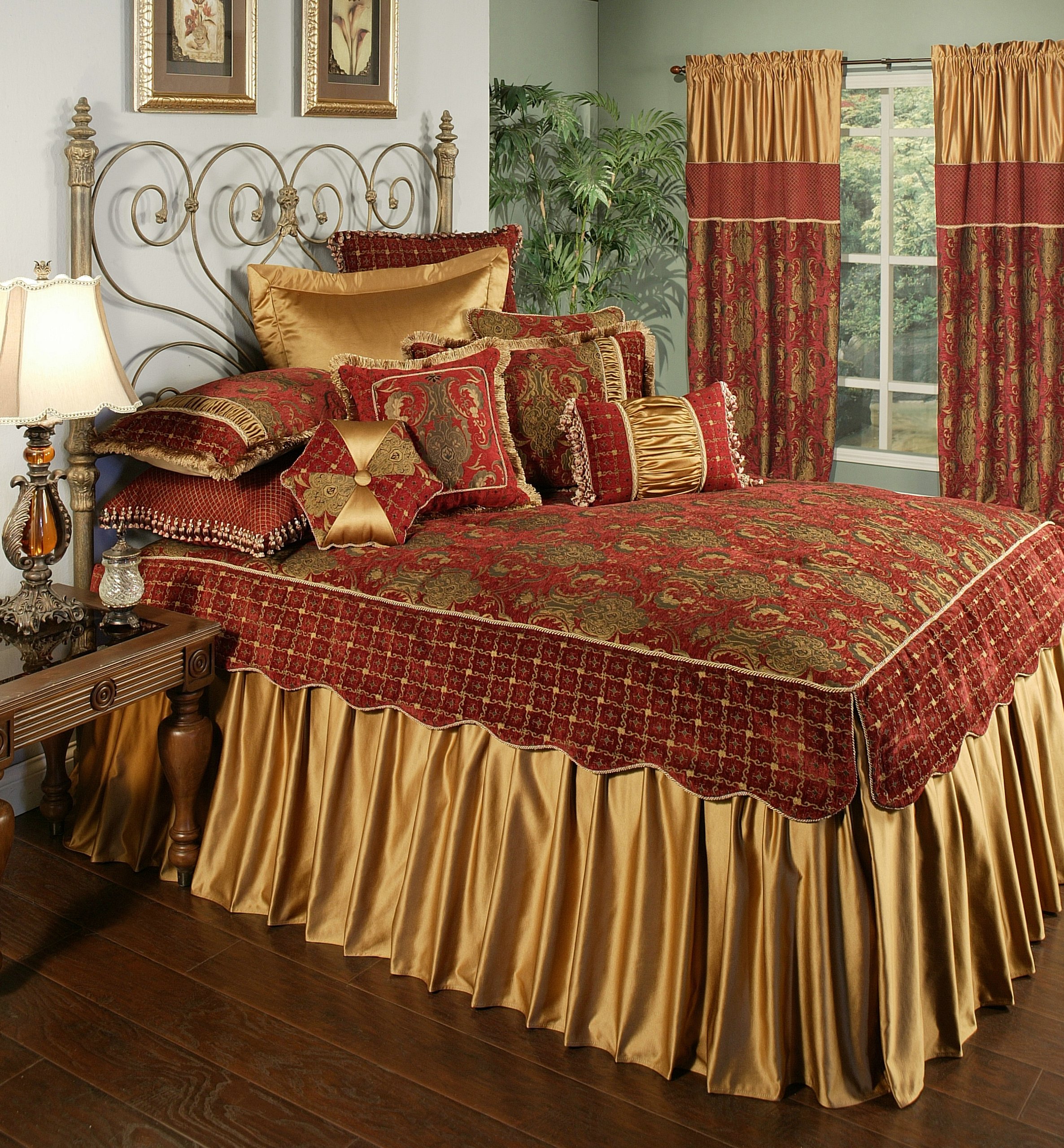 Montecito Royale Luxury Bedspread - California King Size, Red & Gold Embroidered Design - Perfect for Master Bedrooms & Upscale Hotel Decor