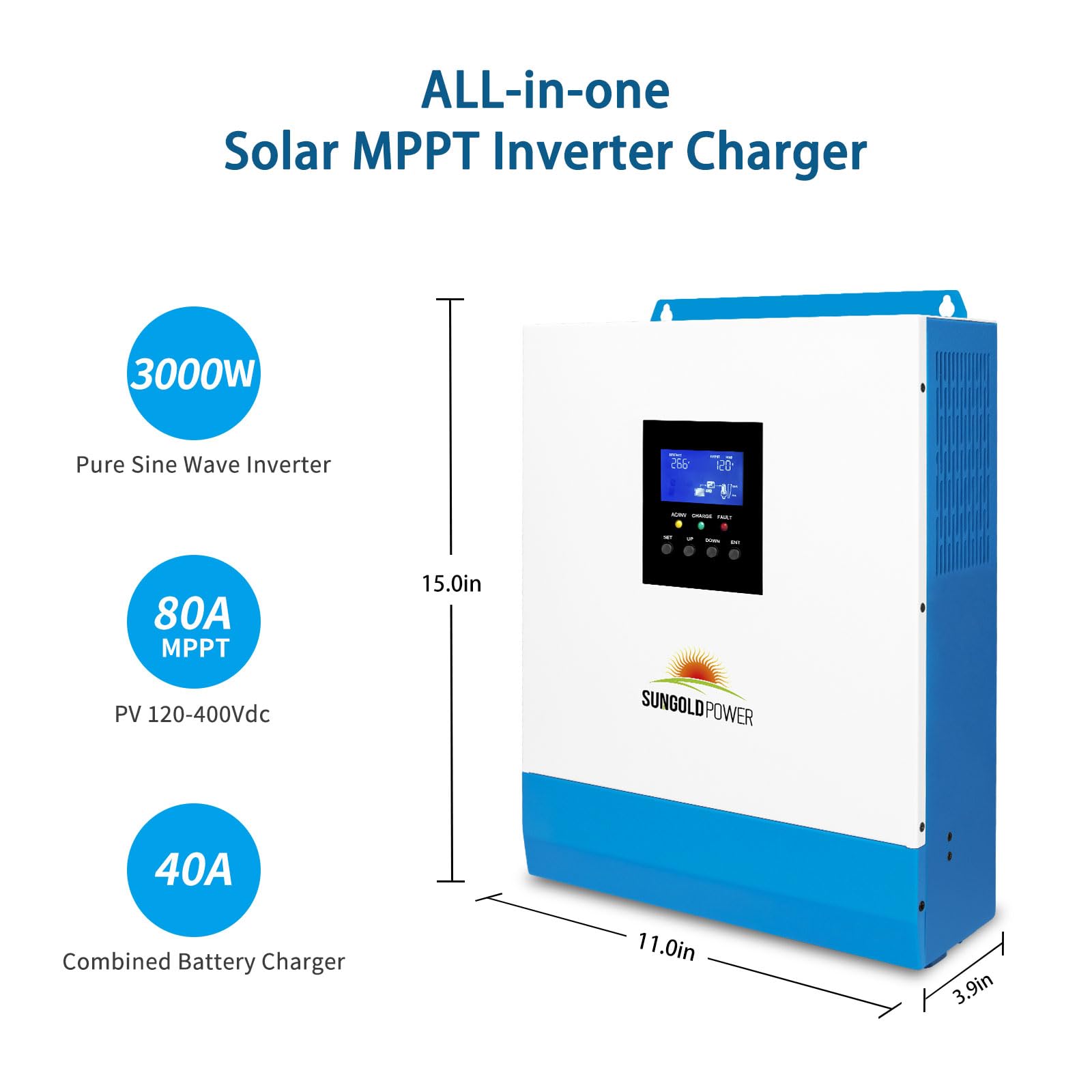 3000W 24V Pure Sine Wave Inverter with 80A MPPT Solar Charger & 40A AC Charger | Hybrid Solar Power Inverter for RV, Off-Grid, Home Backup | SunGoldPower Upgraded Model