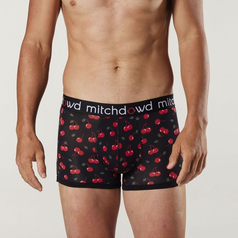 Men's Black Juicy Cherries Bamboo Mid-Length Trunk Underwear - Soft & Breathable for Everyday Comfort, Gym & Lounge Wear