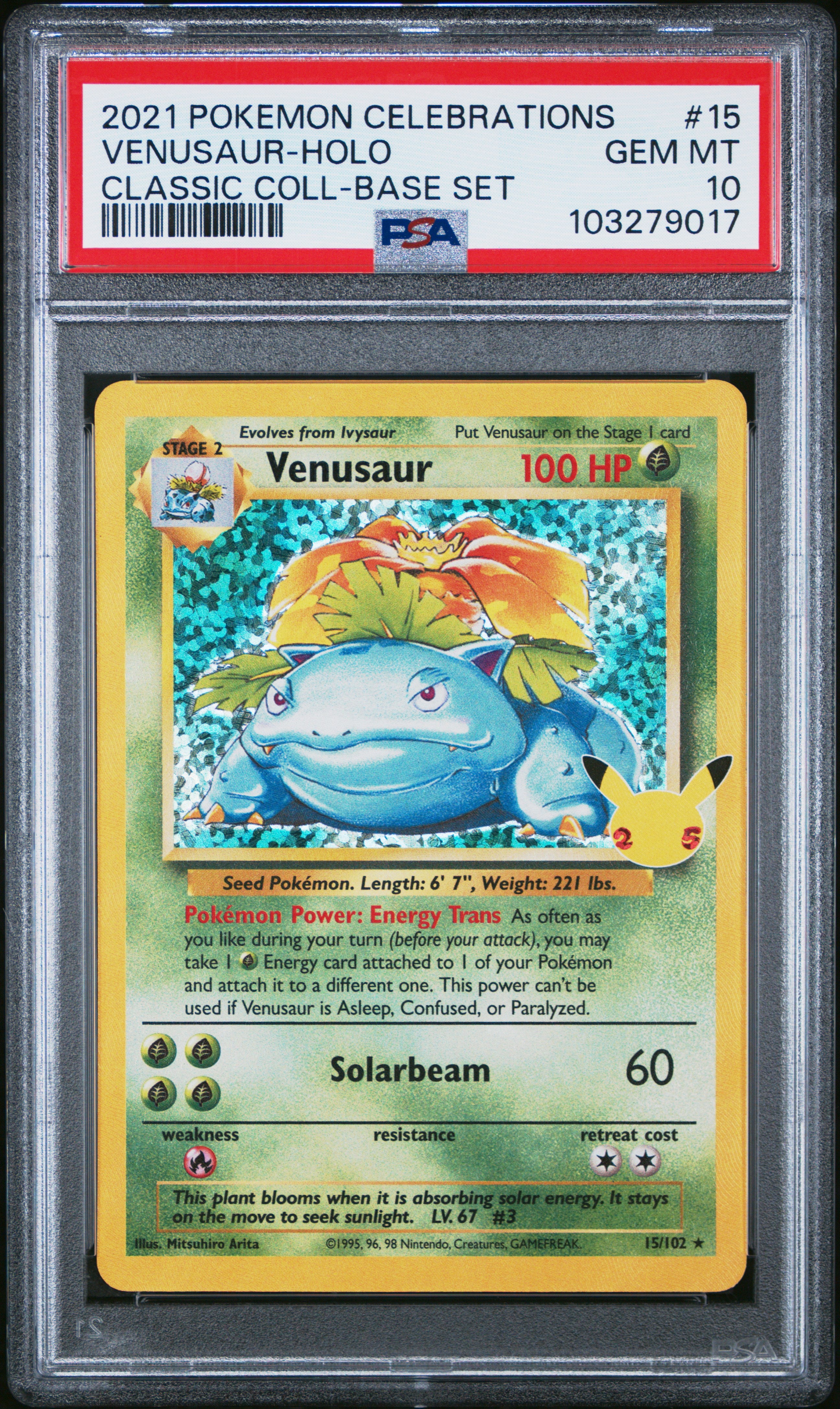 2021 Pokemon Celebrations Venusaur Holo Bleed 15/102 PSA 10 Graded Card - Rare Collectible for Trading Card Game (TCG) Enthusiasts & Pokemon Fans - Perfect for Display, Investment, and Competitive Play