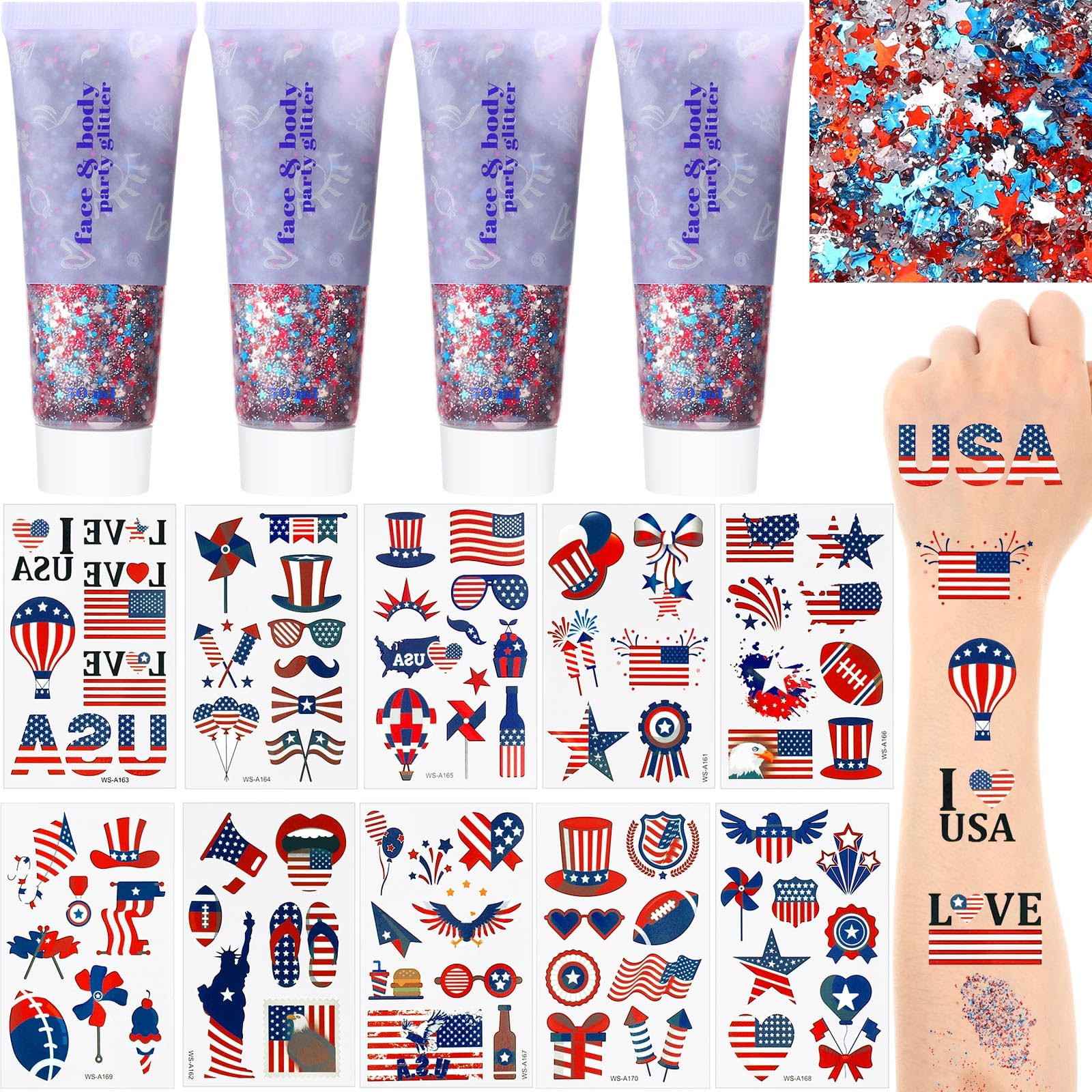 14 Pcs Patriotic Independence Day Accessories Kit - 4 Red White Blue Glitter Gels, 10 USA Flag Temporary Tattoos for Face & Body - Perfect for 4th of July Parties, Festivals, Raves & Patriotic Events