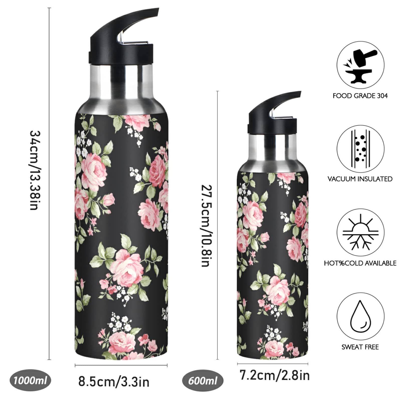 ALAZA Pink Rose Stainless Steel Water Bottle 20oz - Vacuum Insulated for Travel & Gym