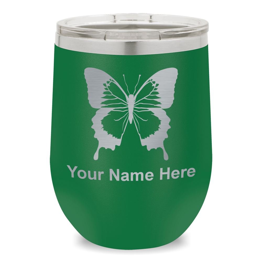 Personalized Wine Glass Tumbler with Swallowtail Butterfly Engraving - Elegant Green Drinking Glass for Wine Lovers, Perfect for Weddings, Anniversaries & Romantic Dinners