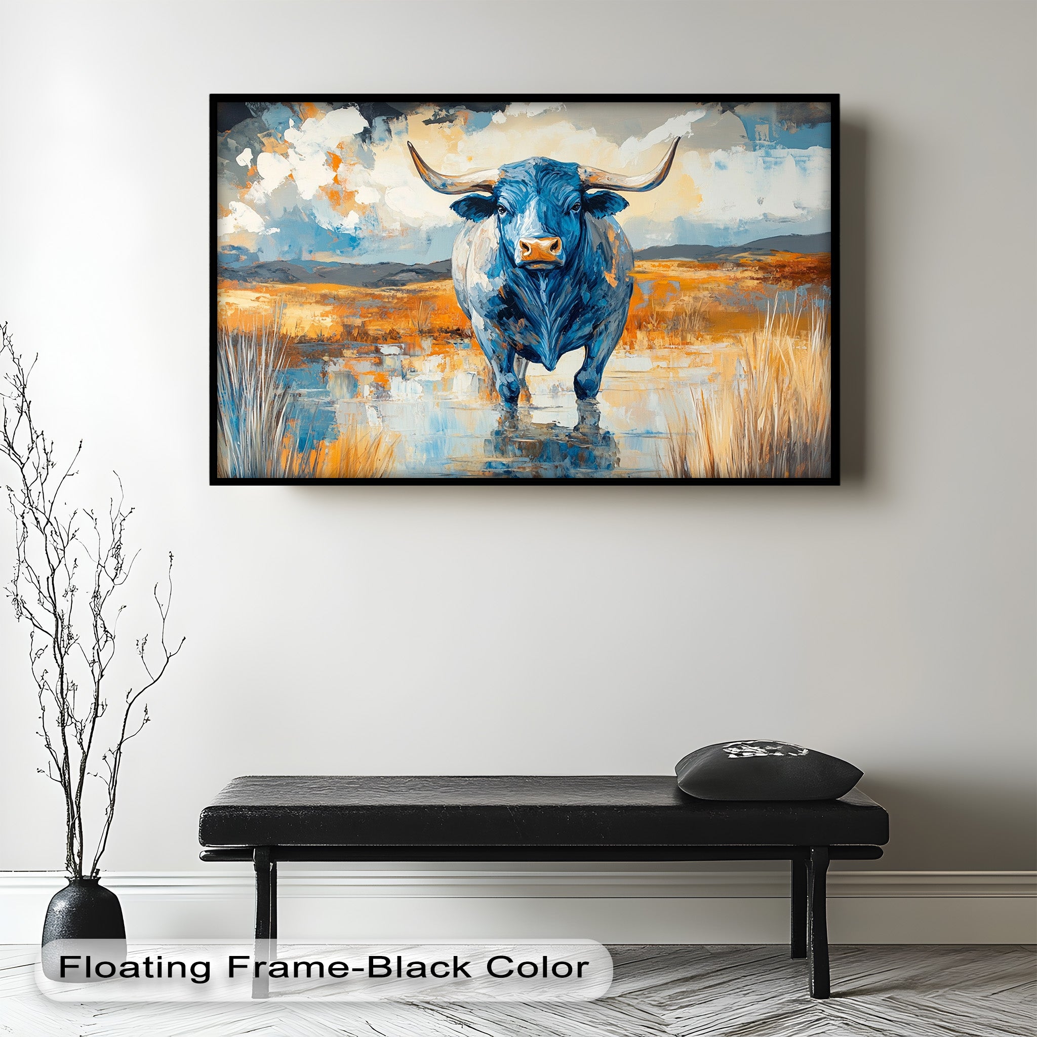 Blue Desert Bull - Hand Painted Animal Oil Canvas Artwork | Western Wildlife Decor for Living Room, Bedroom & Office