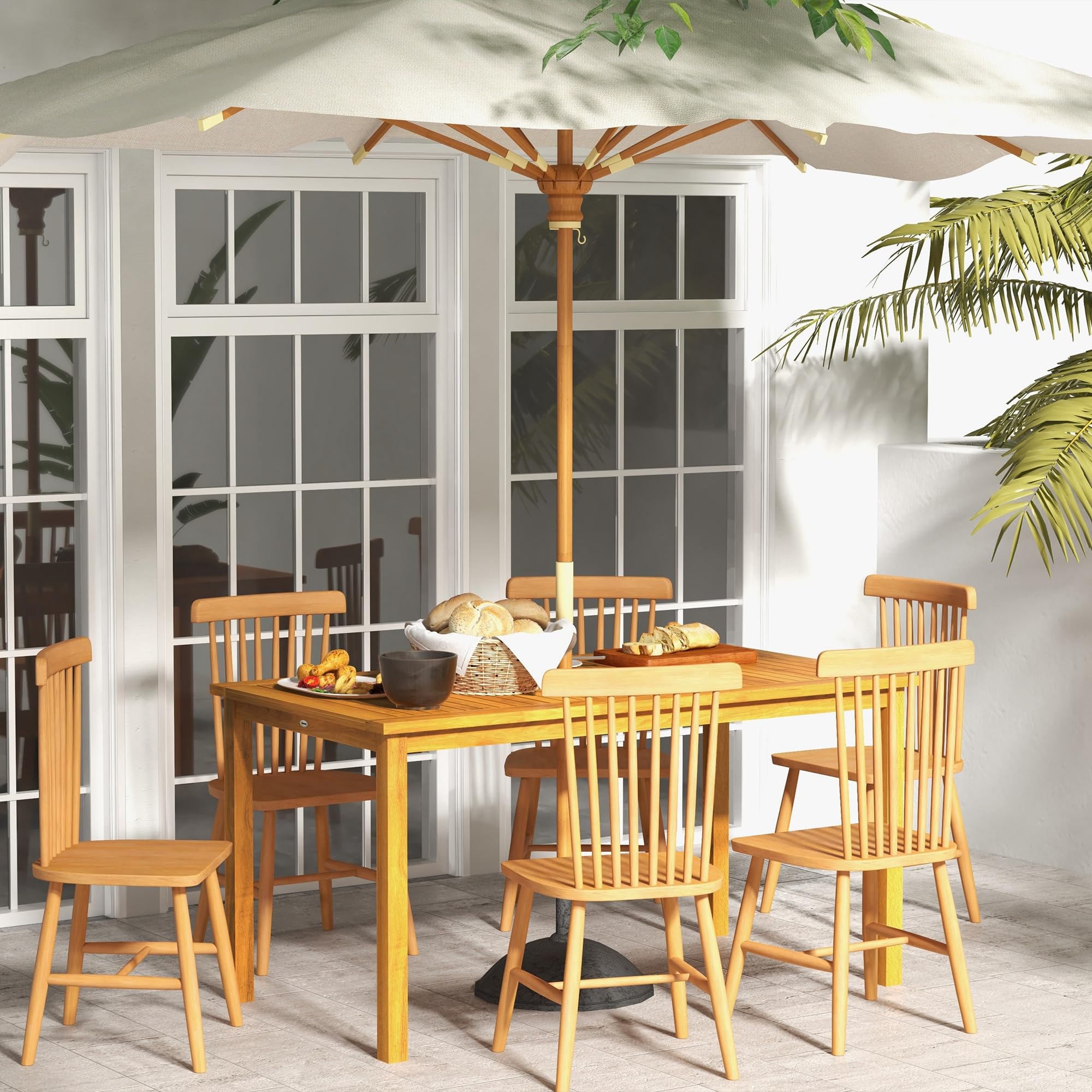Outsunny 6-Person Rectangle Patio Dining Table with Umbrella Hole - Acacia Wood Outdoor Table for Garden, Backyard, Deck - Perfect for BBQs, Family Gatherings & Outdoor Entertaining