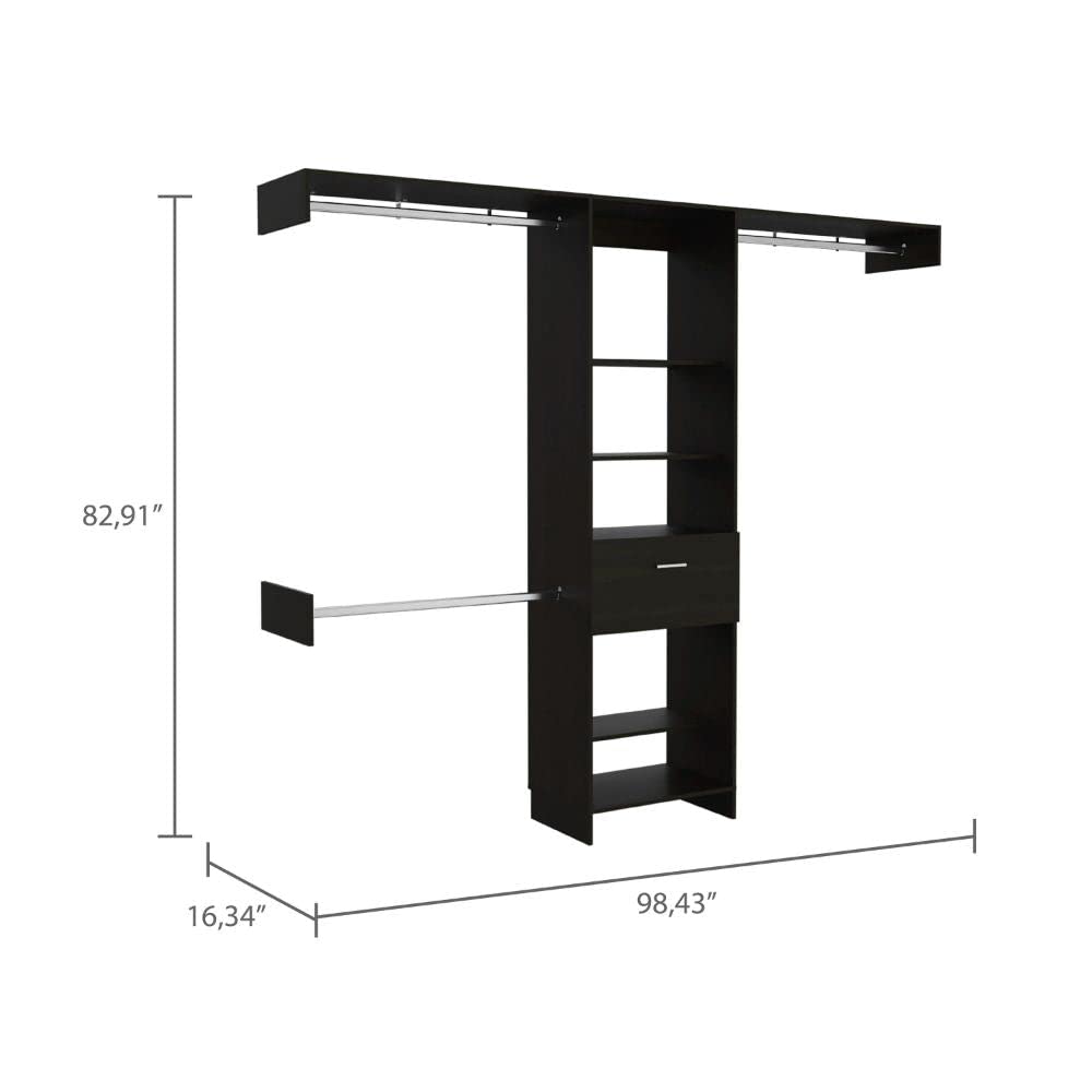 Brisk Closet System with 1 Drawer, 3 Metal Rods & 5 Open Shelves - Black | Space-Saving Storage Solution for Bedroom, Closet & Office Organization