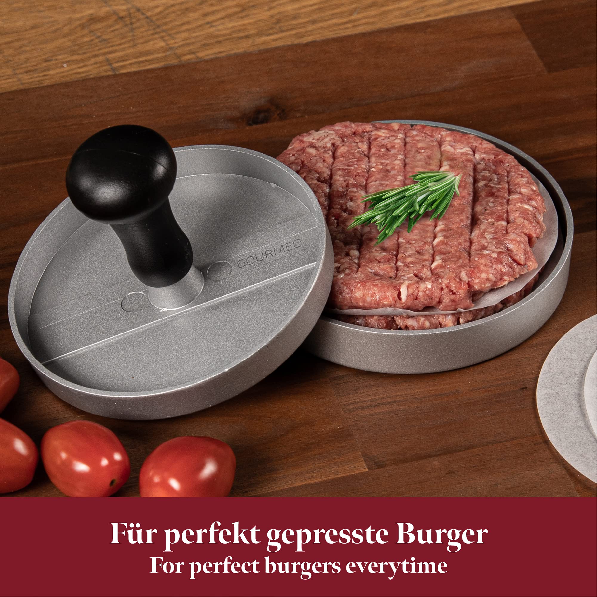 GOURMEO Cast Aluminum Hamburger Press with Non-Stick Coating + 30 Non-Stick Sheets | Burger Maker for Perfect Homemade Patties | Ideal for BBQ, Picnics, and Home Cooking