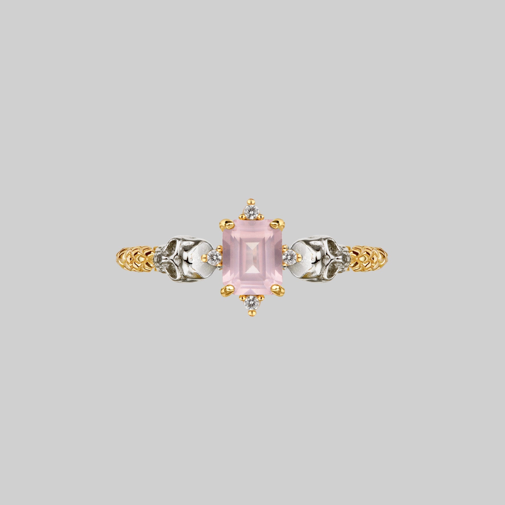 Rose Quartz & Skulls Ring in Gold - Elegant Gothic Jewelry for Women | Perfect for Valentine's Day, Anniversary Gifts & Alternative Fashion