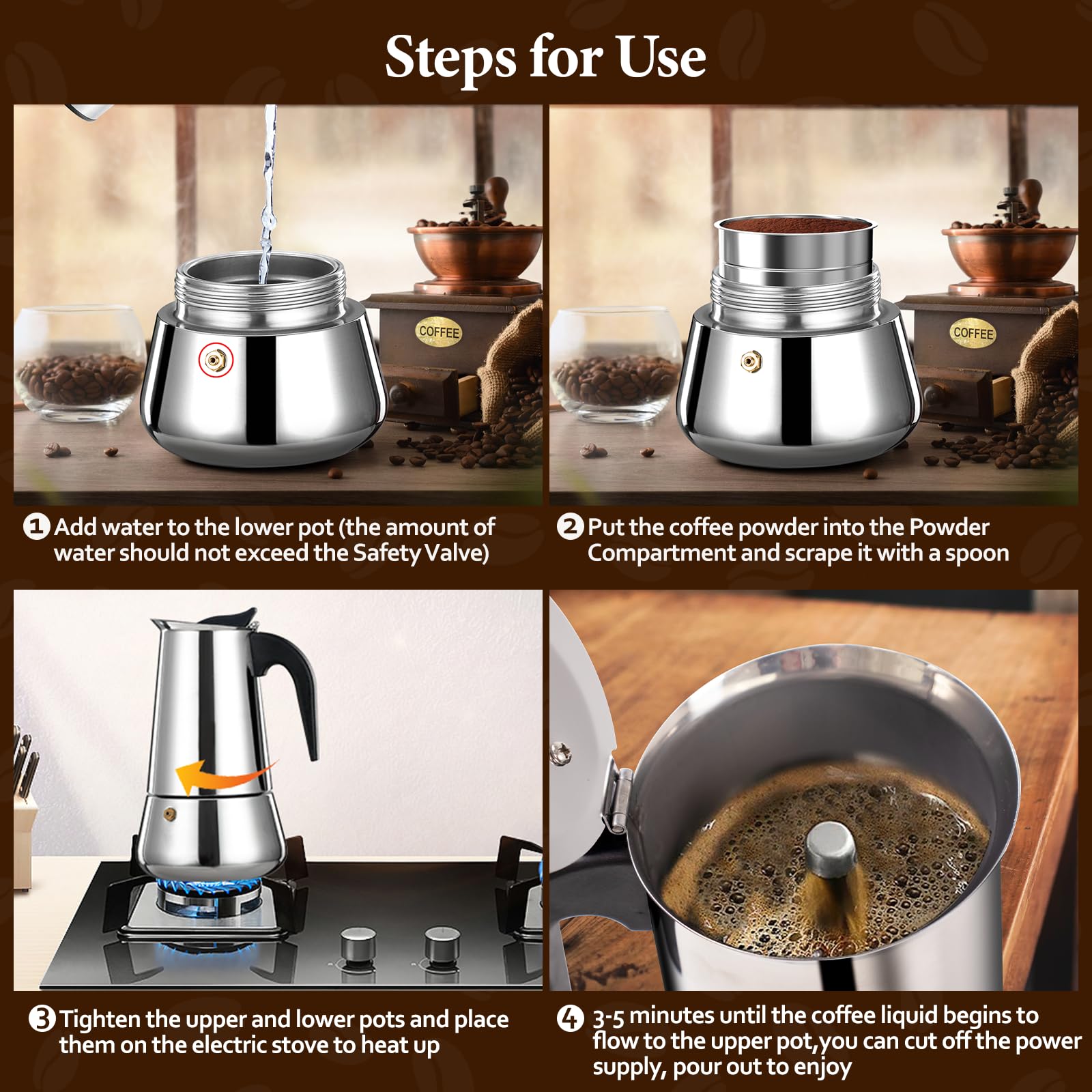 4 Cup Moka Pot Percolator - 200ml Italian Stovetop Espresso Maker, Stainless Steel Coffee Brewer for Induction & Ceramic Stoves | Perfect for Home Baristas, Camping & Classic Cafe Style Coffee