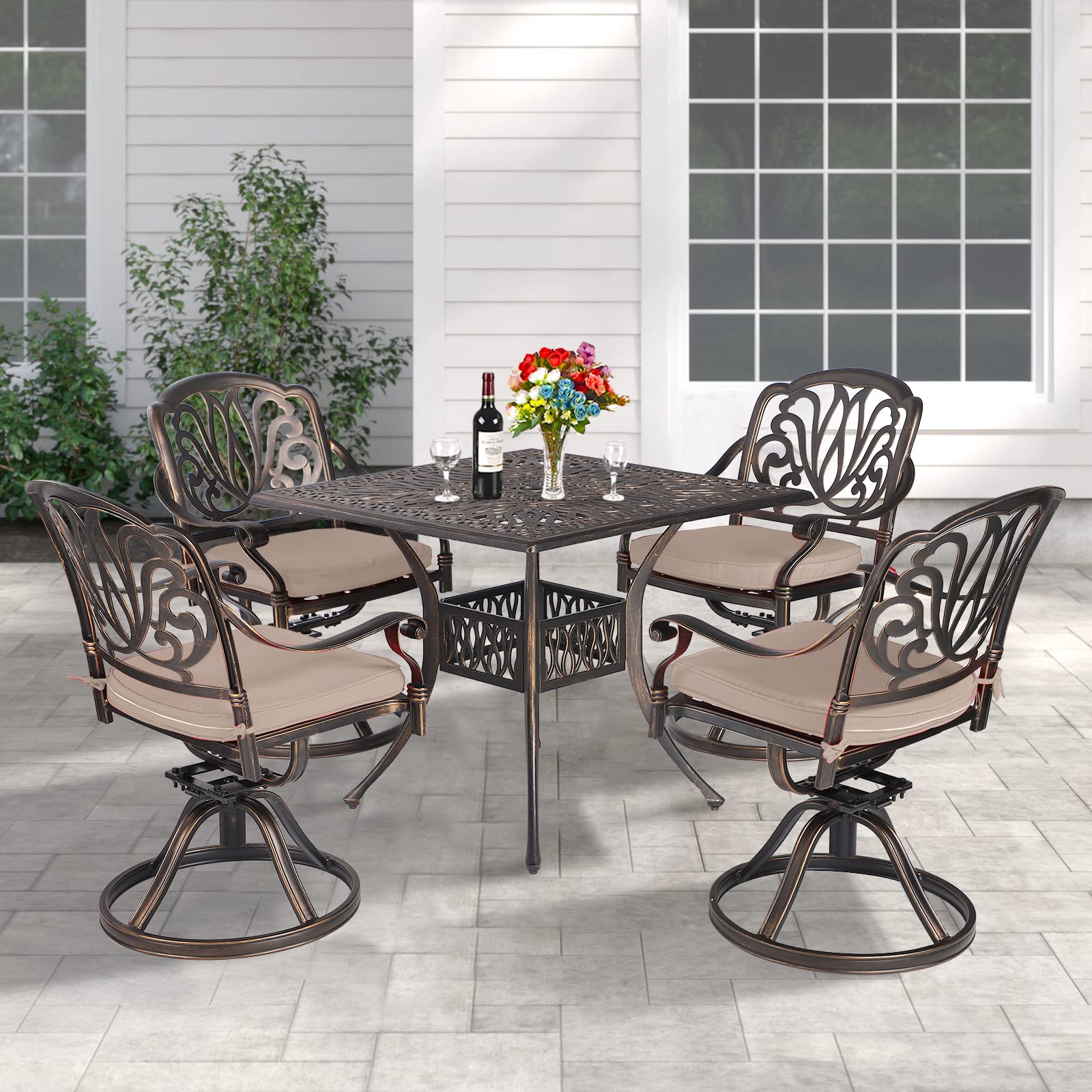 2-Piece Outdoor Patio Dining Set - Cast Aluminum Bistro Swivel Arm Chairs in Bronze (Khaki) - Perfect for Backyard, Garden, Poolside & Restaurant Outdoor Seating