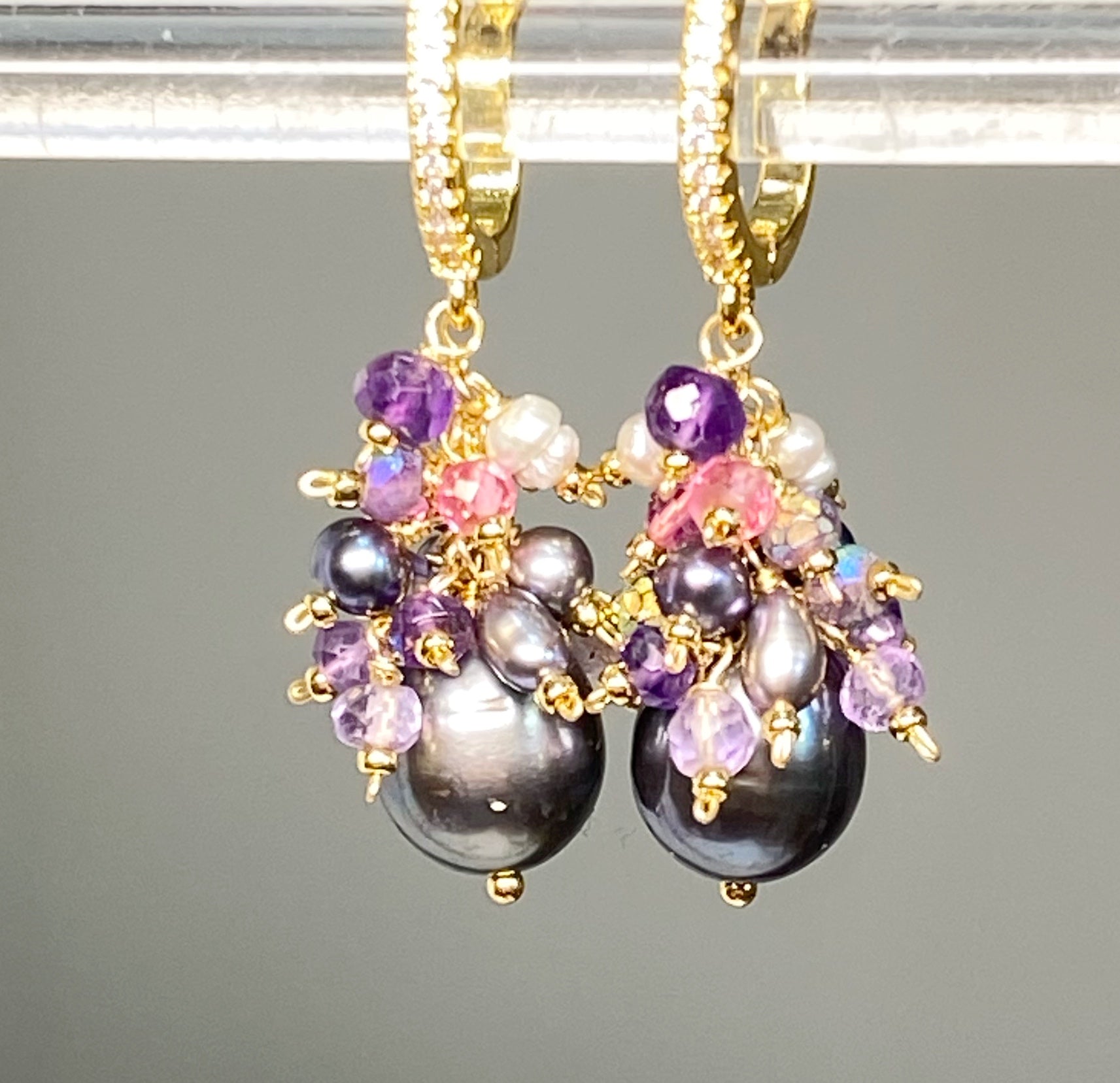 Black Peacock Pearl Earrings with Amethyst & Pink Gemstone Clusters - Gold Filled Jewelry for Women | Elegant Gift for Weddings, Parties & Special Occasions