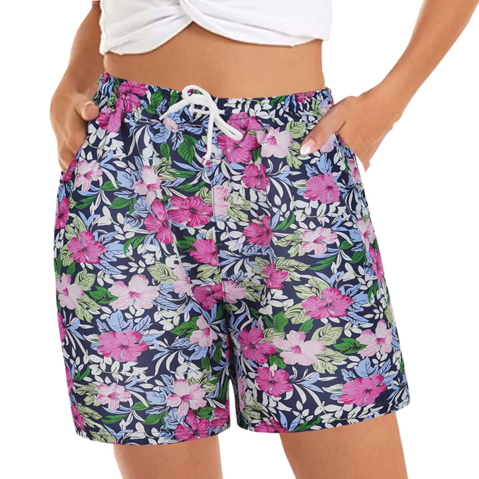 Women's Casual Summer Shorts - Comfy Elastic Waist Floral Print Shorts with 2 Pockets for Beach, Travel & Lounge Wear | Breathable Short Sleeve Tops for Women