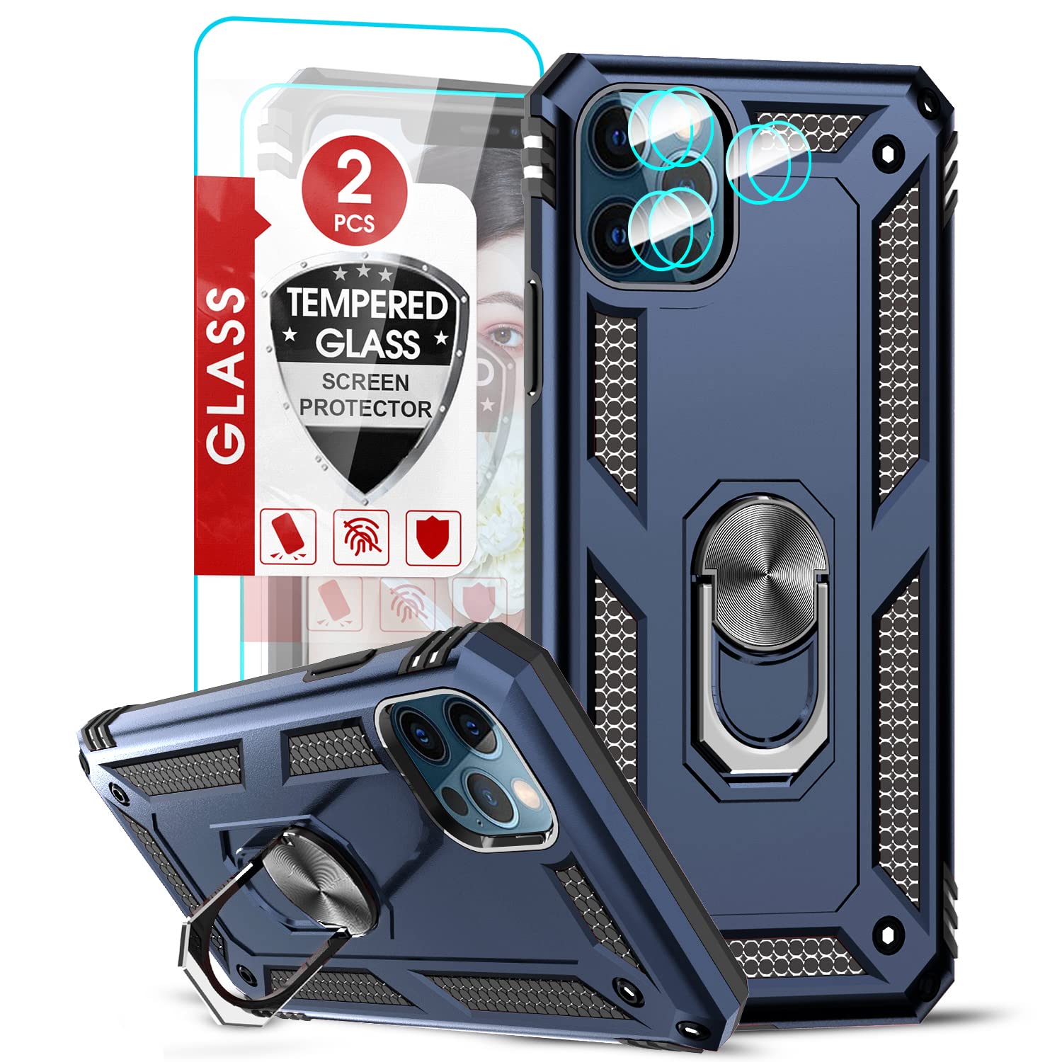 **Military-Grade Shockproof iPhone 12 Pro Max Case with Kickstand & Ring Holder - 2 Pack Tempered Glass Screen Protector & Camera Lens Protector Included - Blue - Perfect for Work, Travel & Outdoor Activities**