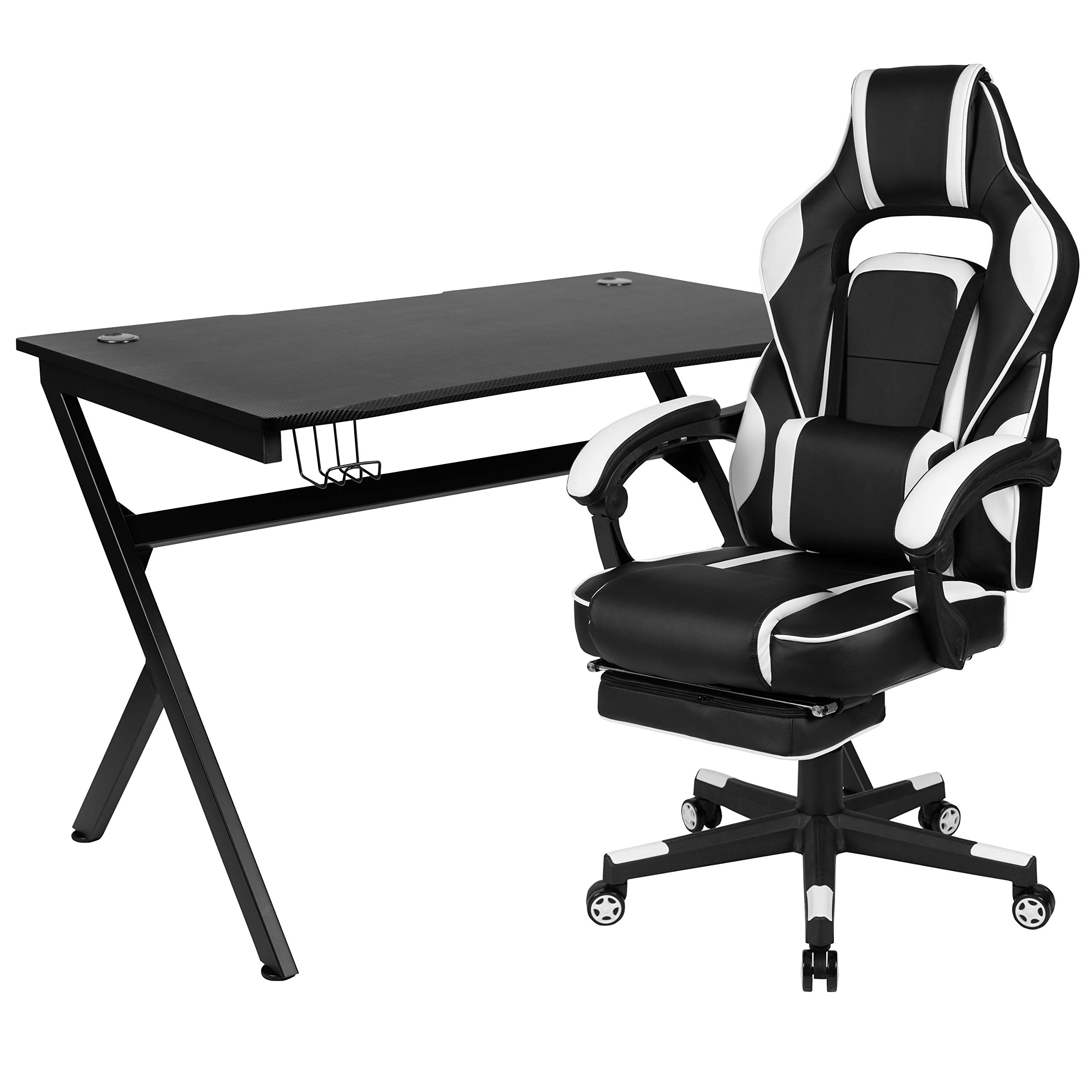 Black Gaming Desk with Cup Holder, Headphone Hook & 2 Cable Management Holes - White Reclining Gaming Chair with Adjustable Armrests & Footrest for PC Setup | Perfect for Esports, Streaming & Home Office