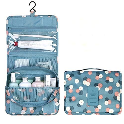 Waterproof Hanging Travel Toiletry Bag - Multifunctional Cosmetic Organizer for Women & Girls | Portable Makeup Pouch with Hanging Hook | Perfect for Travel, Gym & Daily Use (Blue Floral Pattern)