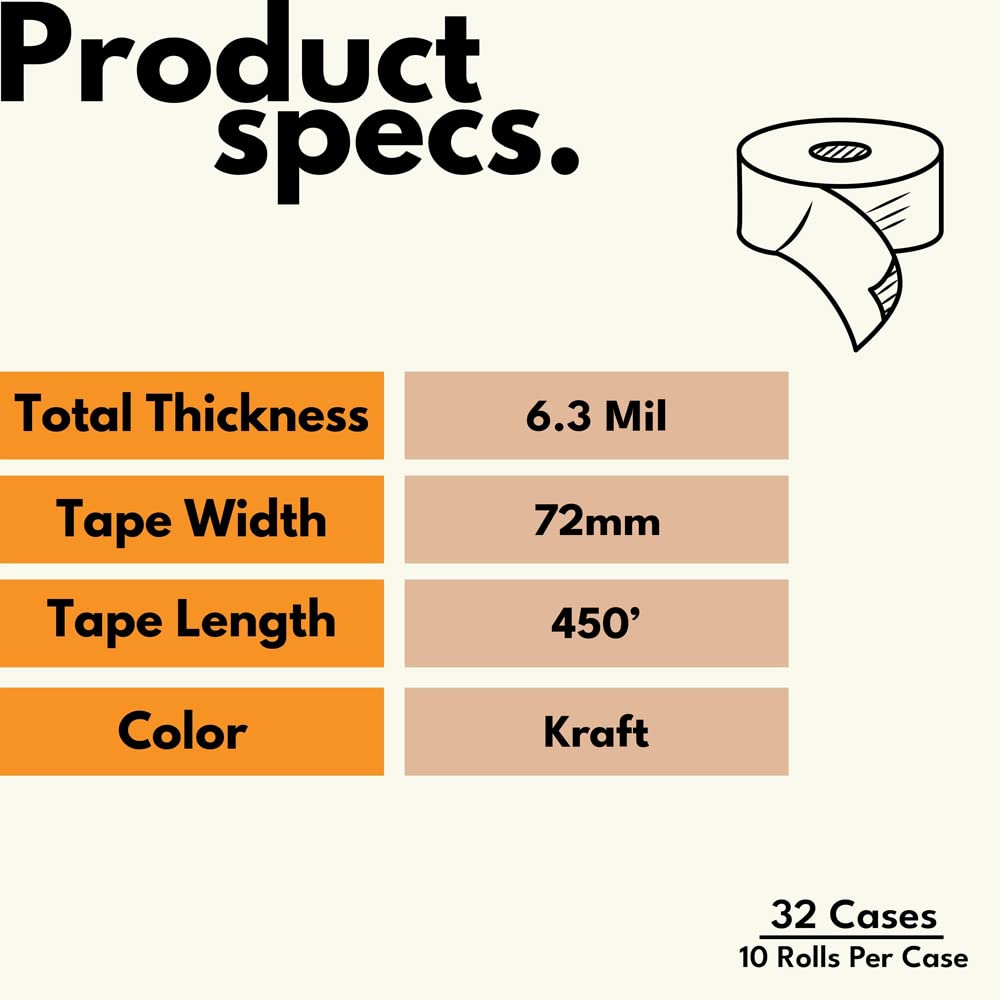 PSBM Kraft Gummed Packing Tape - 72mm x 450ft (13.7m) Paper Tape Roll, 320 Pack - Strong Water-Activated Shipping Tape for Box Sealing, Moving & Storage