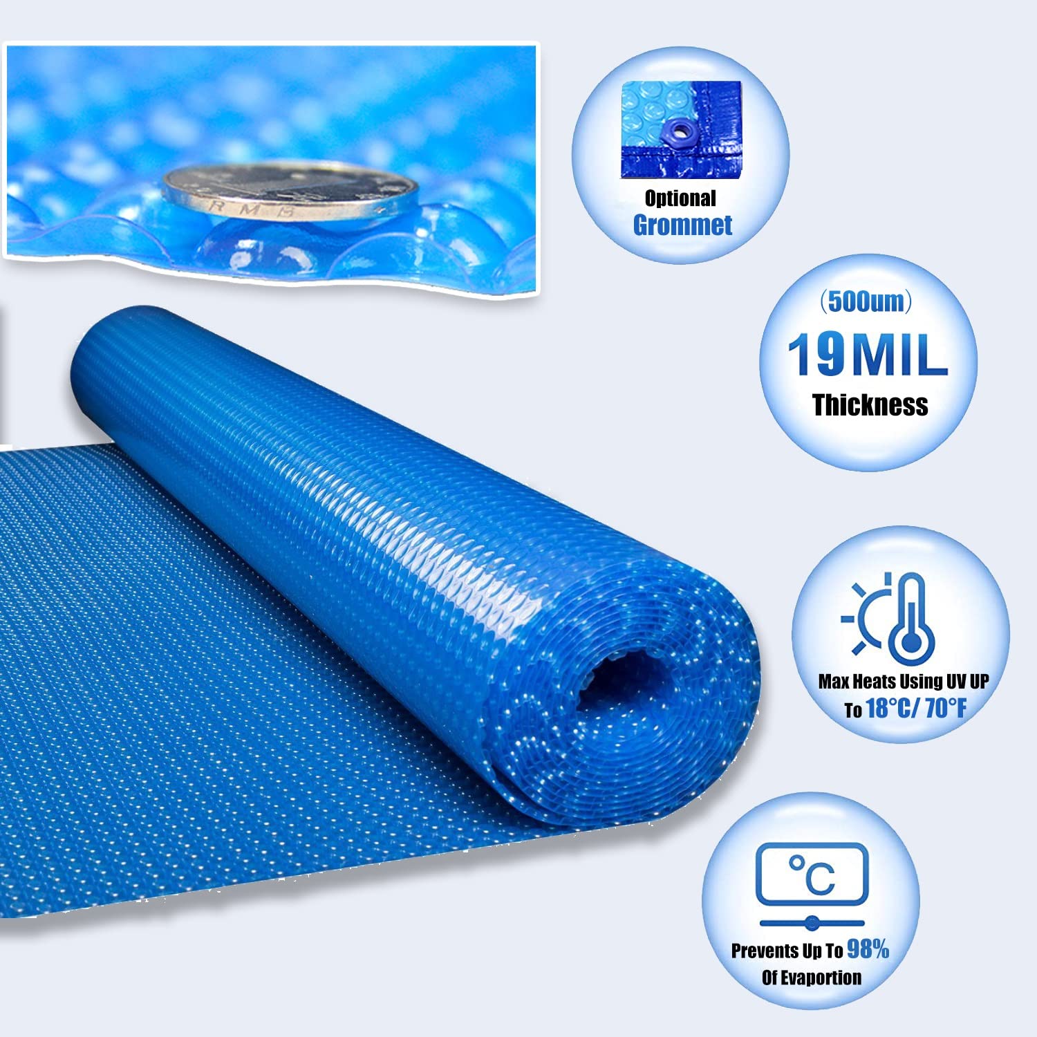 **Heavy Duty 19-mil Polyethylene Solar Pool Cover for Above Ground & Inground Pools (Round, Oval, Square, Kidney) – 20ft/23ft/26ft/30ft/33ft – Floating Inflatable Swimming Pool Cover for Heat Retention & Energy Savings**    *(Perfect for Extending Swimming Season, Reducing Evaporation & Keeping Pools Clean)*