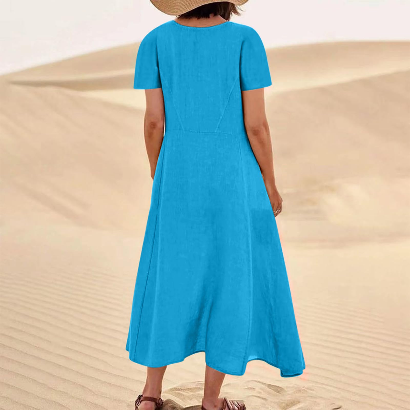 Women's Cotton Linen Summer Dress 2025 - Casual Loose Short Sleeve A-Line Midi Dress with Pockets | Flowy Beach Coverup for Vacation, Travel & Outdoor Activities