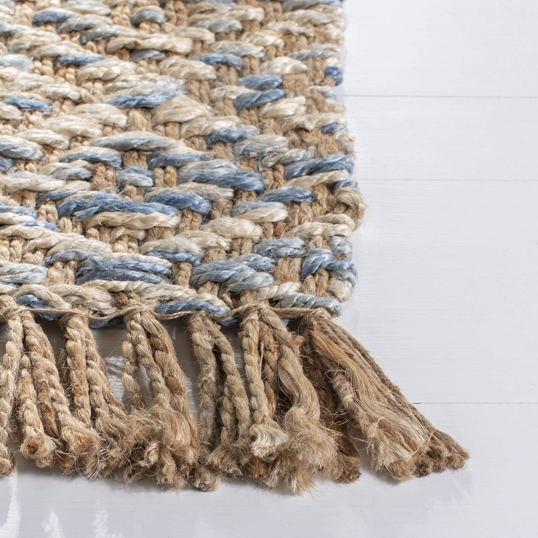 SAFAVIEH Handmade Woven Jute Area Rug 5' x 8' - Natural & Blue, Fringe Detail, Eco-Friendly Natural Fiber for Living Room, Bedroom & High Traffic Areas | Durable Floor Decor for Cozy Home & Office Spaces (NF822A)