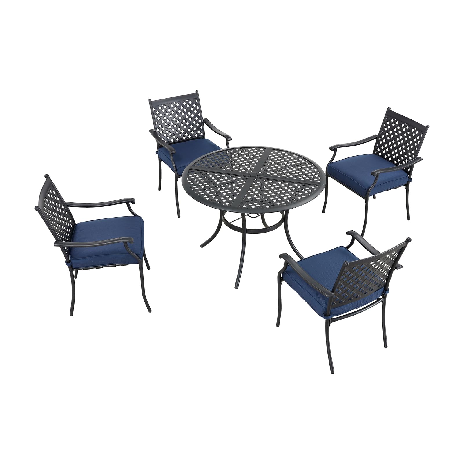 5-Piece Patio Dining Set - 4 Wrought Iron Armchairs with Cushions & Round Black Table (2.04