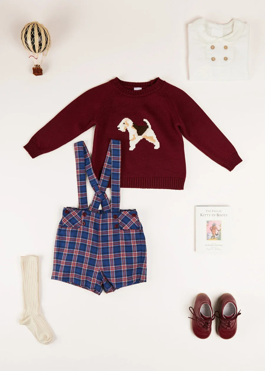 Burgundy Dog Intarsia Knit Sweater for Baby Boys - Cozy & Stylish Winter Outfit for Playdates & Family Photos