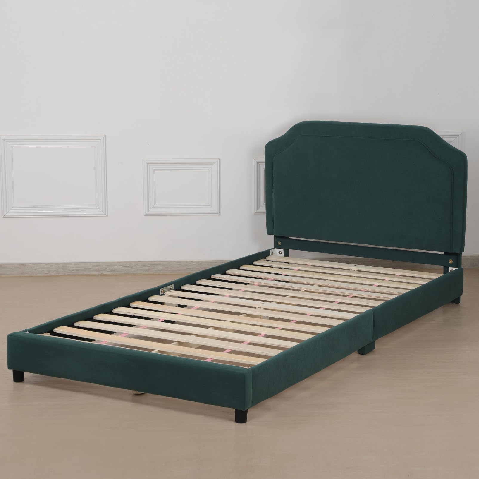 Velvet Upholstered Twin Bed Frame for Kids - Adjustable Headboard, Wooden Structure, Green - Perfect for Nursery, Bedroom & Playroom Decor