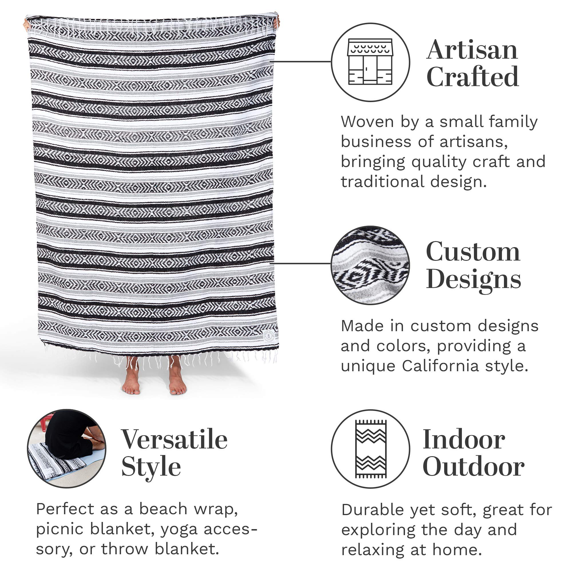 Laguna Beach Textile Co Handmade Mexican Serape Blanket - Black & Gray Traditional Woven Throw for Beach, Yoga, Camping, Picnics & Home Decor - Soft & Durable Noir Design