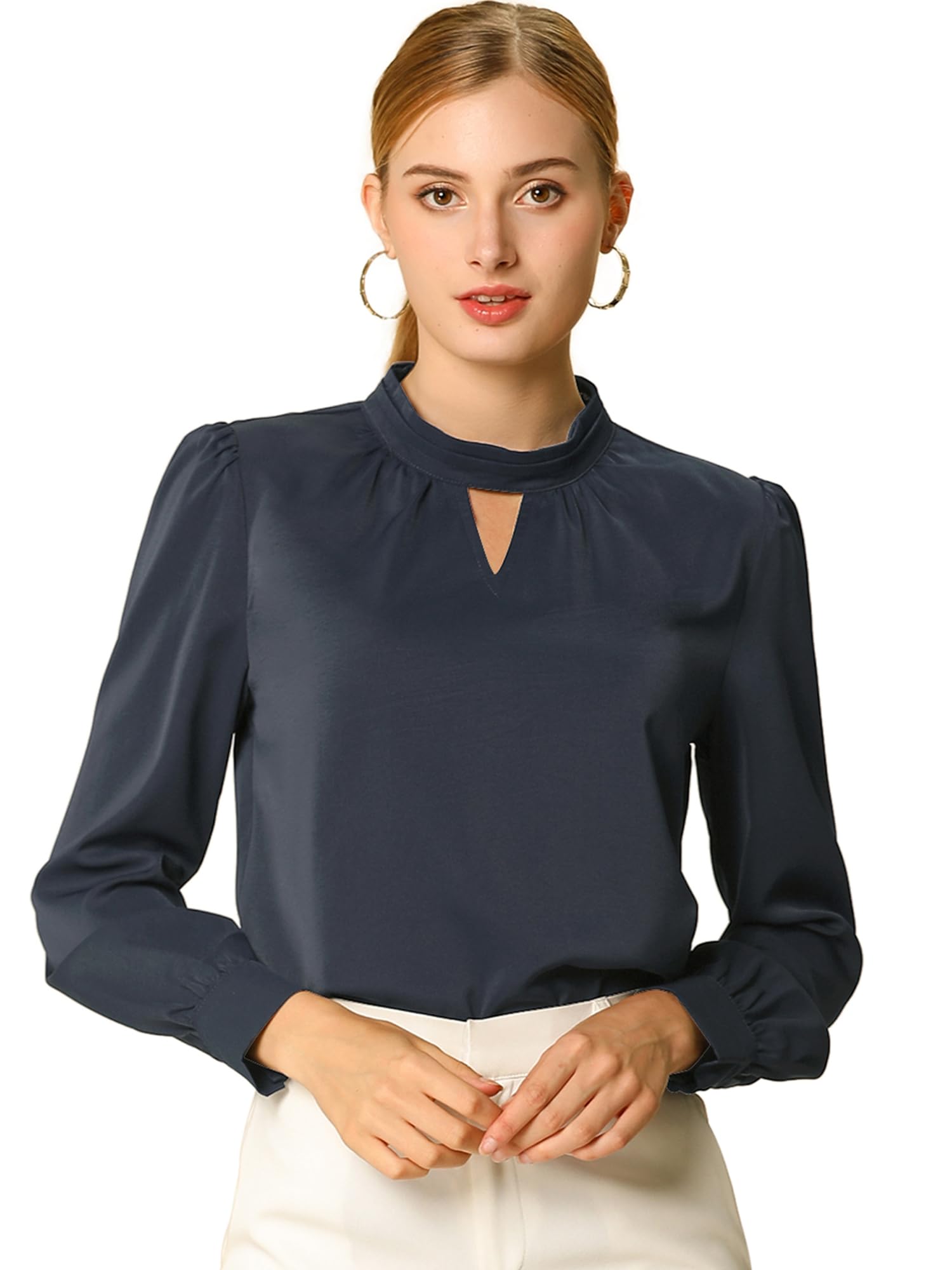 Allegra K Women's Elegant Stand Collar Keyhole Long Sleeve Blouse - Business Casual Work Tops for Office & Professional Wear | Perfect for Meetings, Presentations & Corporate Events