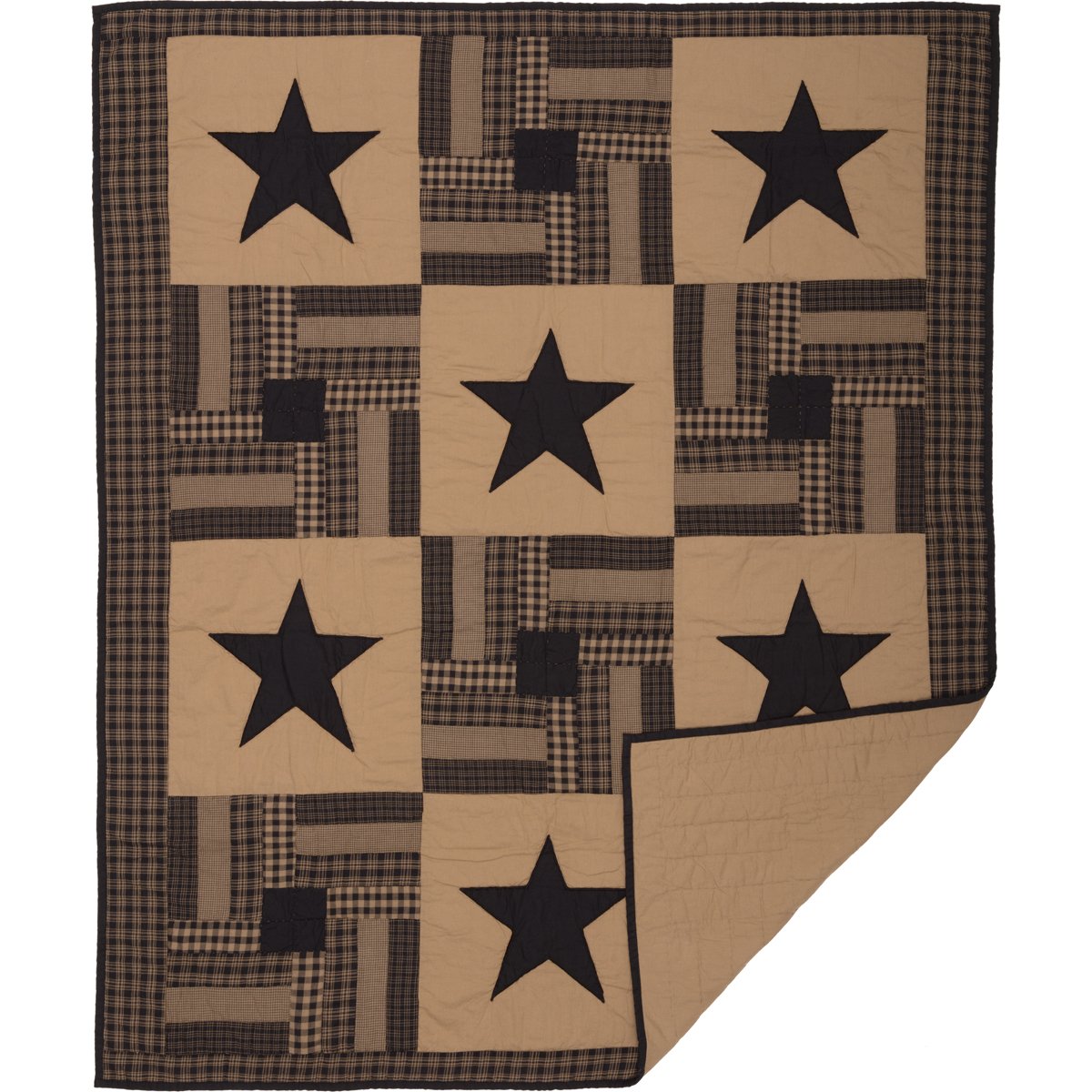 VHC Brands Check Star Cotton Primitive Decor Rod Pocket Pre-Washed Appliqued Throw Blanket - Raven Black for Farmhouse Style Living Room, Bedroom & Cozy Home Decor