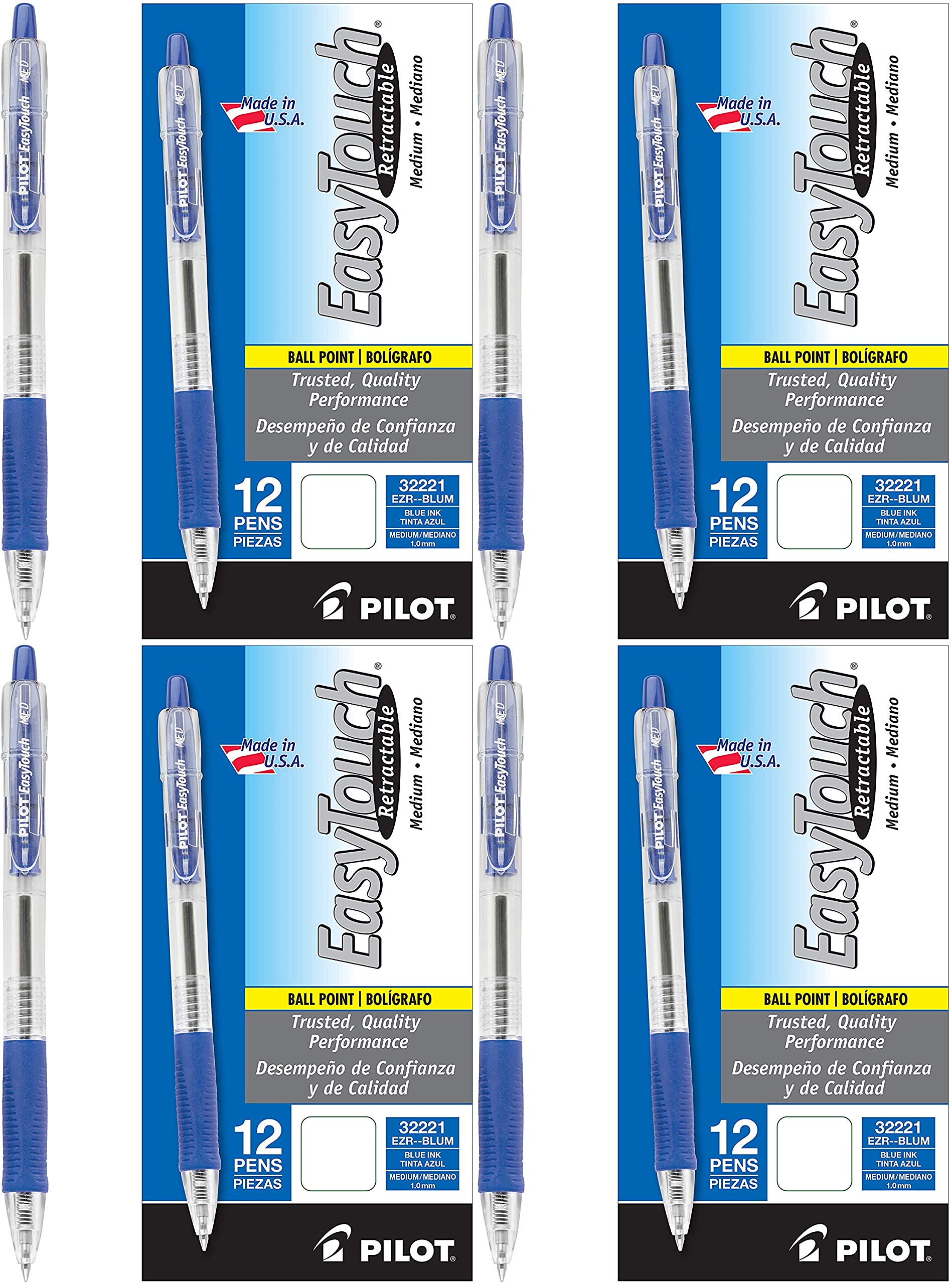 PILOT EasyTouch Refillable & Retractable Ballpoint Pens - Medium Point, Blue Ink, 12-Pack (4 Pack) - Smooth Writing for Office, School & Note Taking