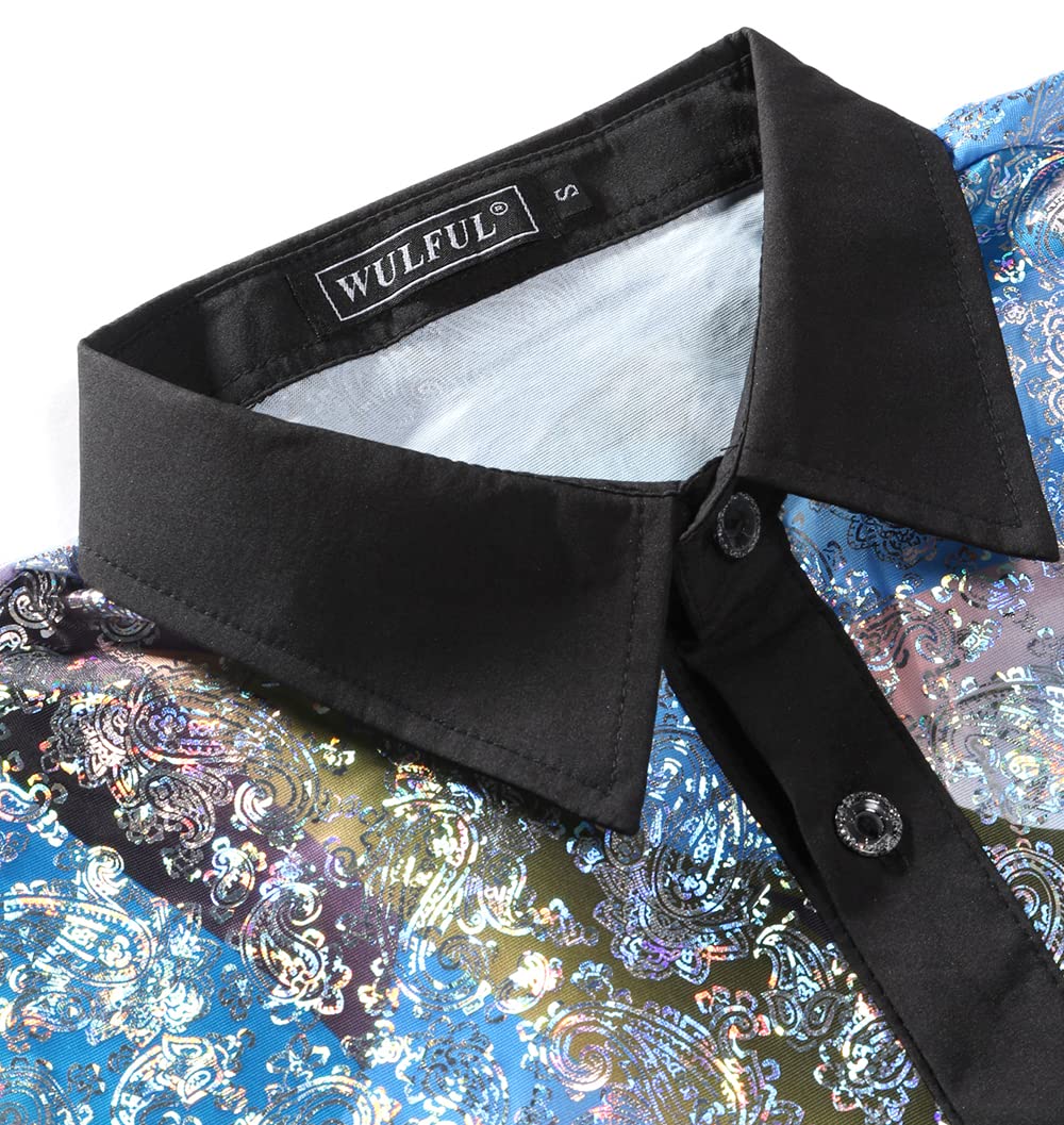 WULFUL Men's Disco Shirt with Sequins - 70s Retro Short Sleeve Button Down Shirt for Party, Costume & Nightclub Outfits | Perfect for Halloween, Themed Parties & Dance Events