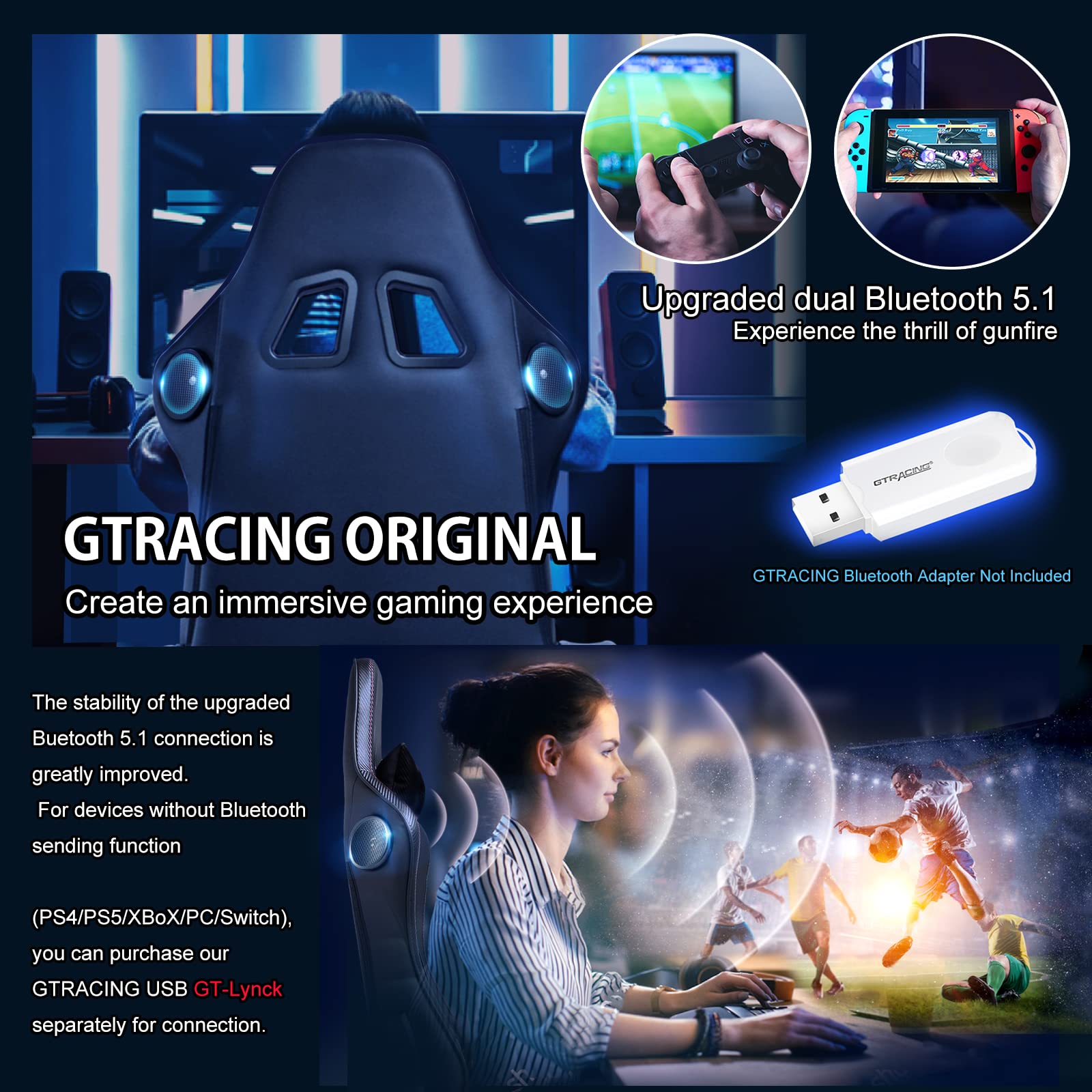 GTRACING Ergonomic Gaming Chair with Bluetooth Speakers - Heavy Duty Office Computer Desk Chair for Video Games & Music - Black - Perfect for Gaming, Streaming & Home Office Use