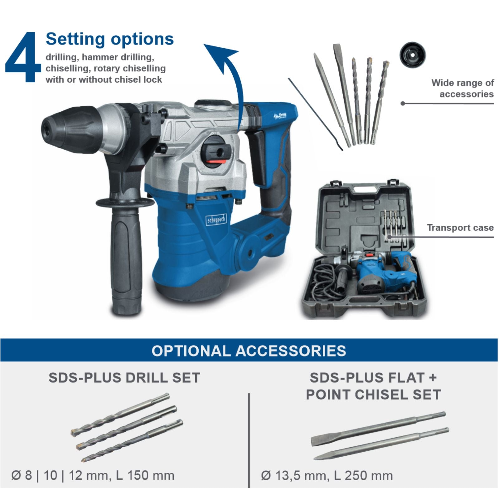Scheppach DH1300PLUS 1300W Heavy Duty Hammer Drill with 32-Piece Accessory Kit - Perfect for Masonry, Concrete Drilling & DIY Home Improvement Projects