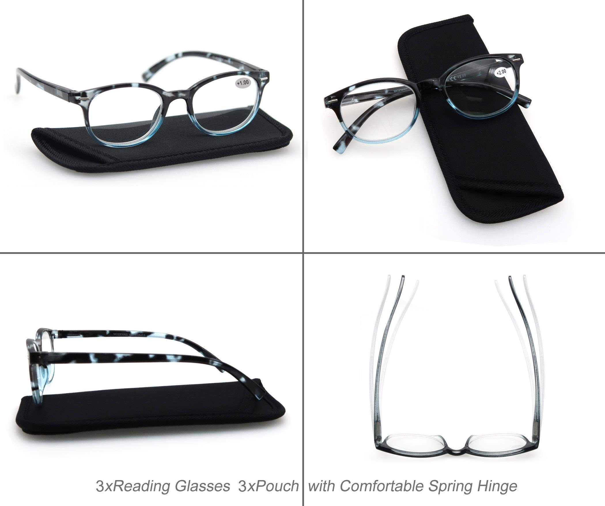 MODFANS Stylish Round Reading Glasses 3-Pack with Spring Hinge - +3.50 Magnification for Men & Women - Perfect for Reading Books, Using Smartphones, and Computer Work