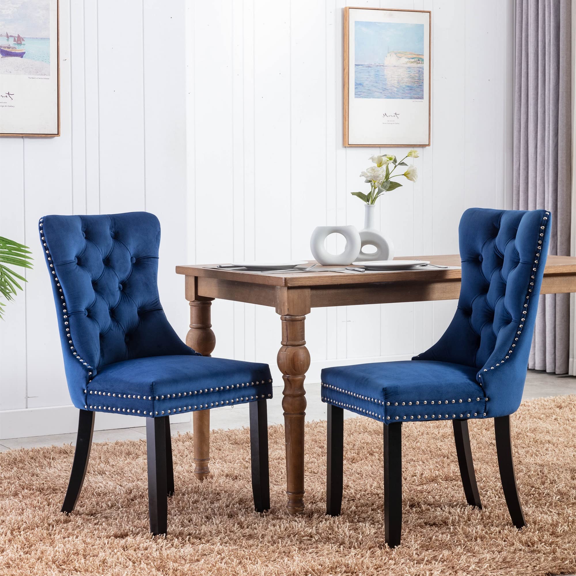 Premium Merax Dining Chair Set of 2 - Modern Velvet Upholstered Tufted Chairs with Solid Wood Legs & Nailhead Trim (Blue & Black) - Perfect for Dining Room, Kitchen, Restaurant & Home Decor