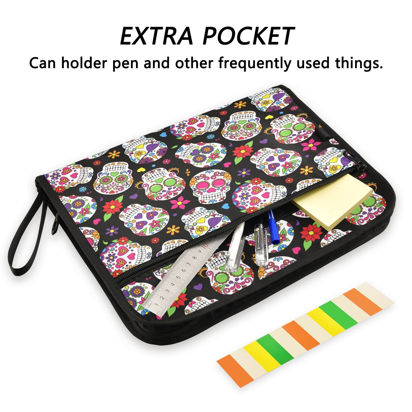 Kcldeci 13-Pocket Expanding File Folder with Zipper Closure - Sugar Skull Design Document Organizer for A4/Letter Paper - Perfect for Office, School, and Home Organization