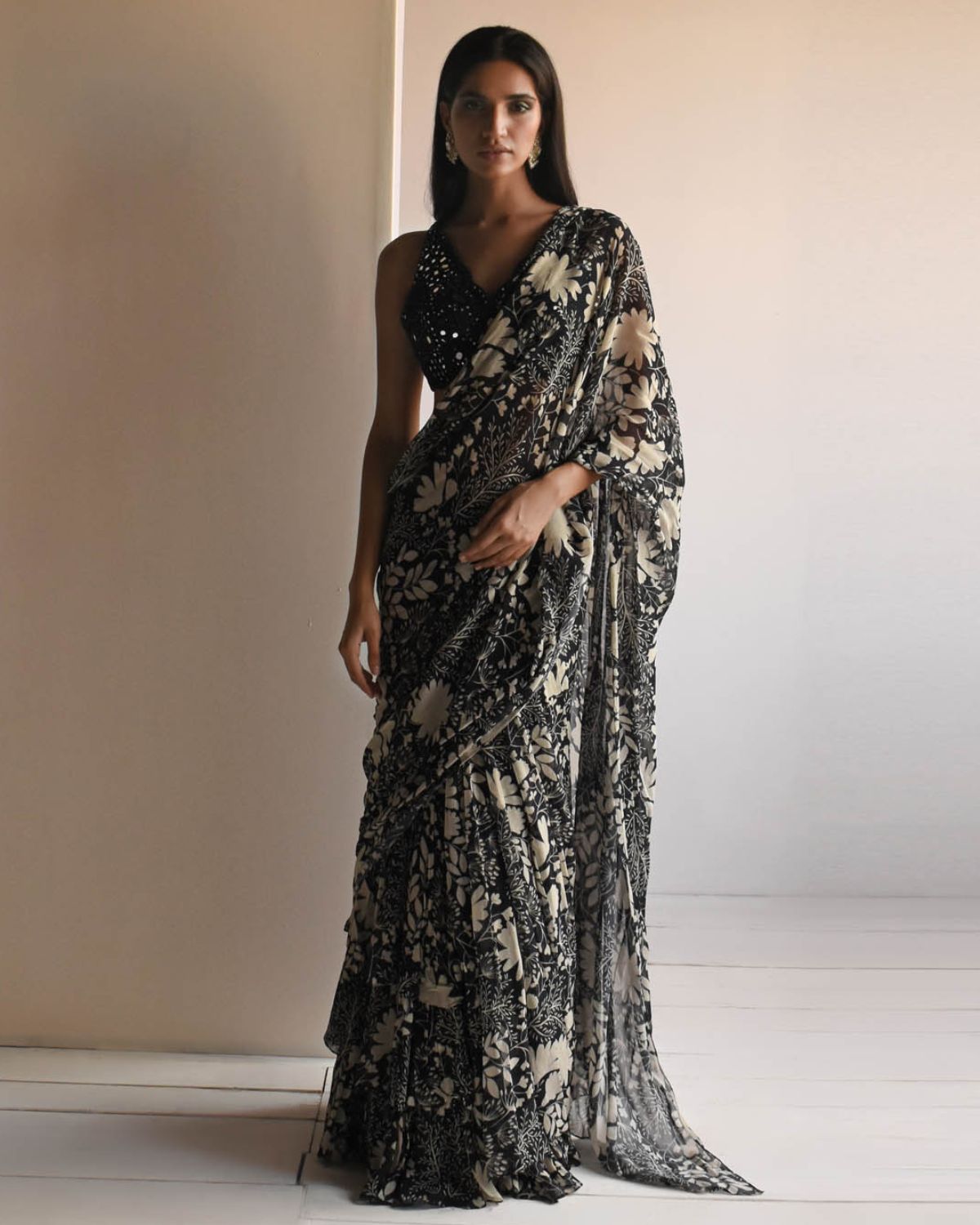 Elegant Black Garden Printed Ruffle Sari Set for Women - Traditional Indian Party Wear for Weddings, Festivals & Special Occasions