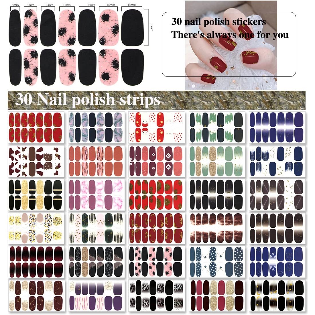 30 Sheets Glitter Nail Strips - Sequin Gold Foil Design Self-Adhesive Nail Polish Stickers, Blooming Gradient Color Nail Wraps for Women, Nail Art Kit with Nail File - Perfect for Parties, Weddings & Special Occasions