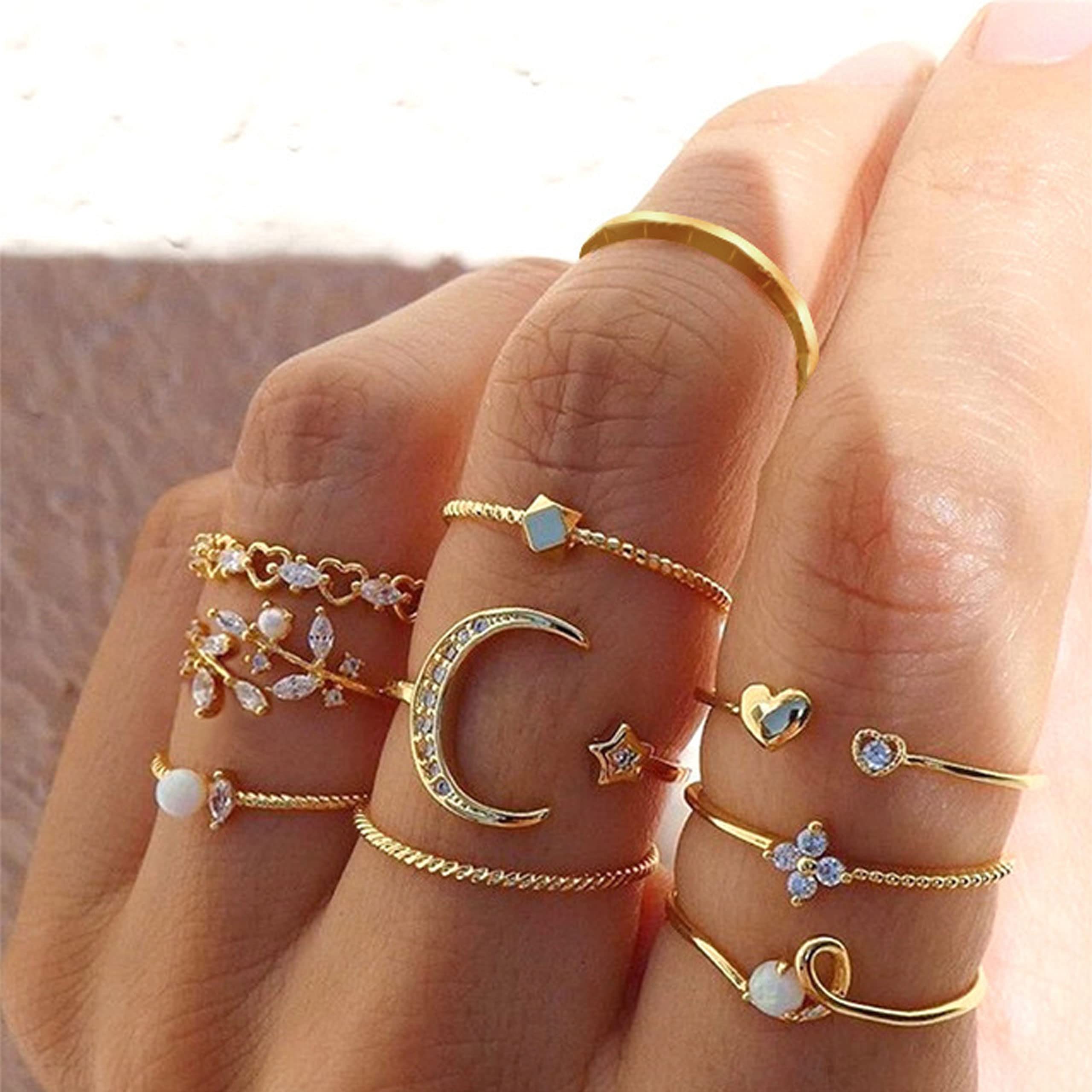 Stackable Gold Rings for Women - Trendy Star, Moon & Heart Knuckle Ring Set - Boho Jewelry Gift Pack - Birthday, Easter Basket Essentials - Perfect for Layering & Everyday Wear