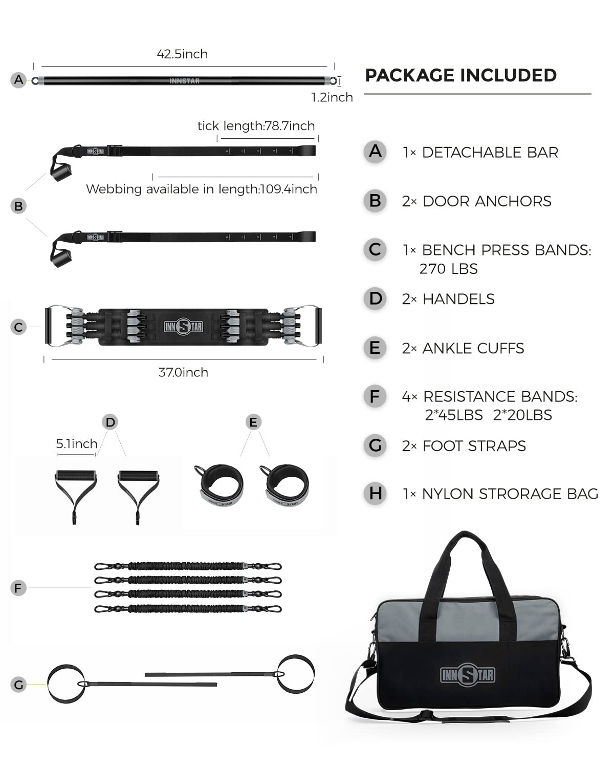 INNSTAR Resistance Bands Set with Handles & Workout Bar - Premium Exercise Bands for Home Gym, Full Body Workout - Perfect for Strength Training, Yoga, and Physical Therapy