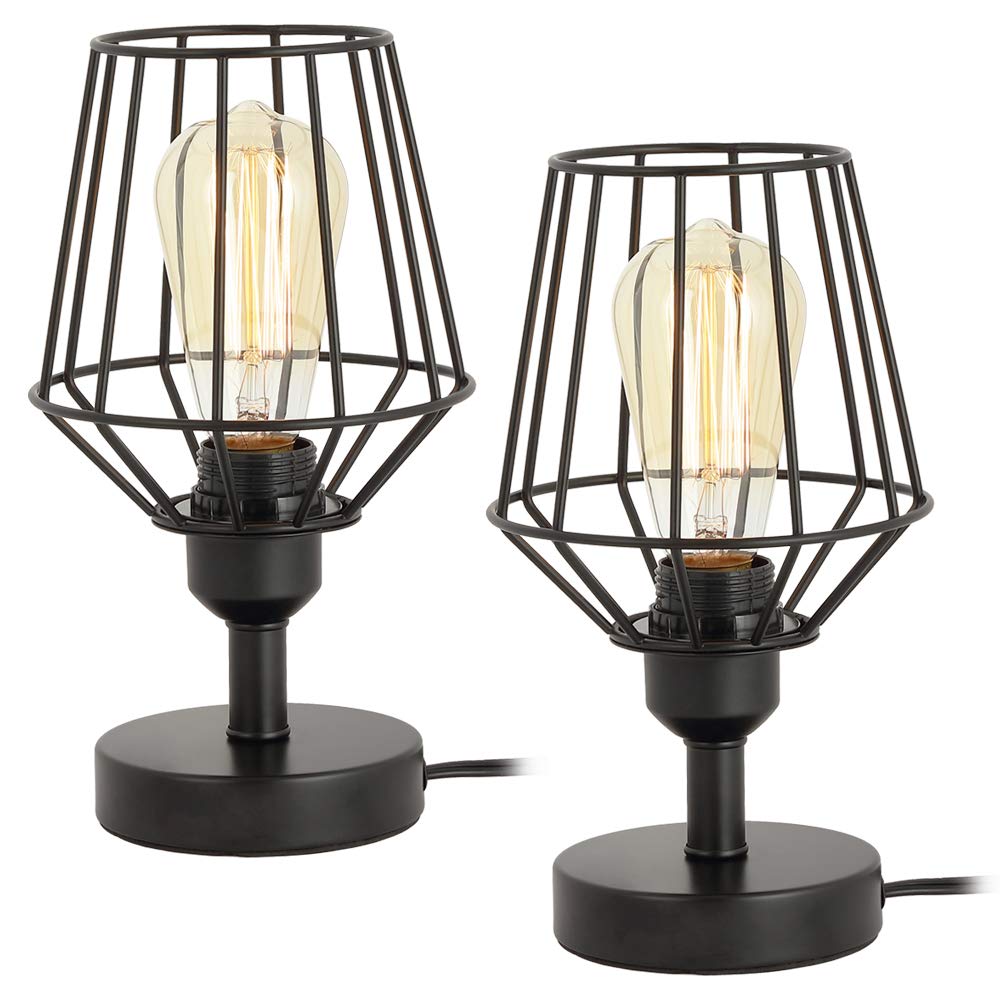 Industrial Rustic Metal Table Lamp with Plug-in Cord & On/Off Switch - Set of 2 Vintage E26 Edison Bulb Desk Lamps for Bedroom Nightstand, Office Workspace & Living Room Decor | Perfect for Reading, Working & Ambient Lighting