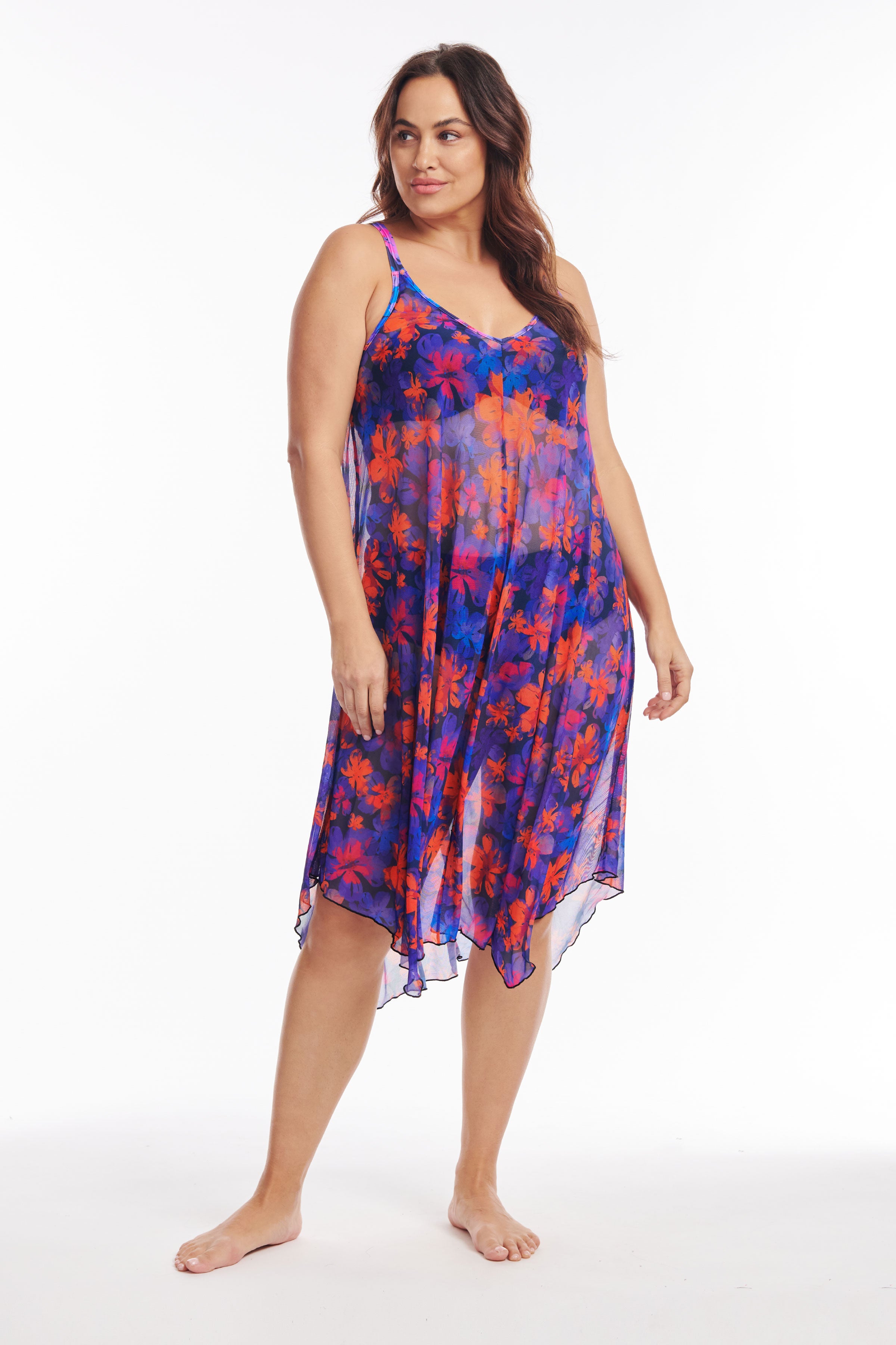 Plus Size Mid Length Flowy Mesh Coverup Tank Dress in Iridescent Blooms - Beach Cover Up, Summer Vacation Outfit, Boho Festival Wear