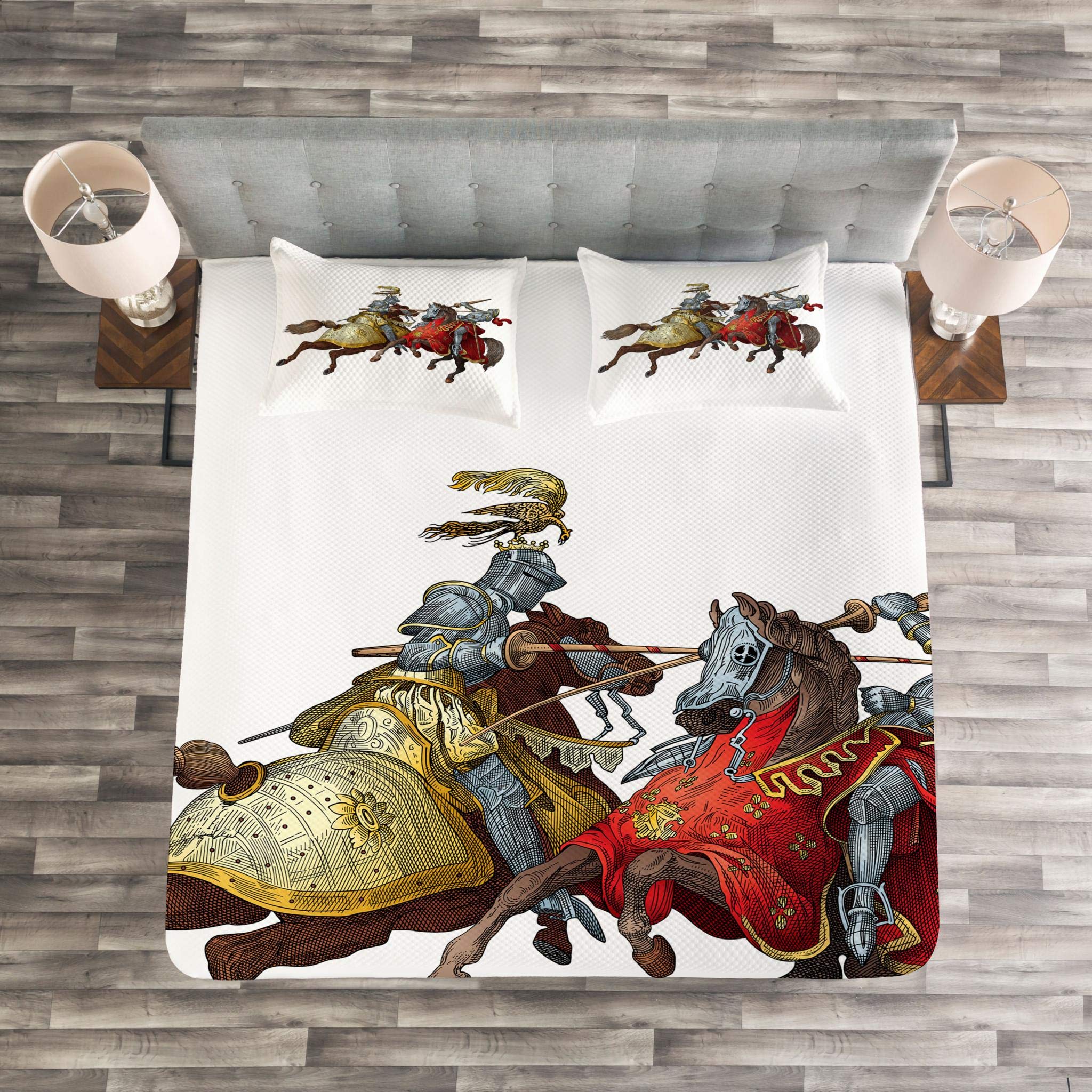 Ambesonne Medieval Bedspread Set - King Size 3-Piece Bedding with Knights & Renaissance Illustrations | Middle Ages Themed Decorative Coverlet & 2 Pillow Shams | Perfect for Historical Reenactments, Renaissance Fairs & Medieval Themed Bedrooms