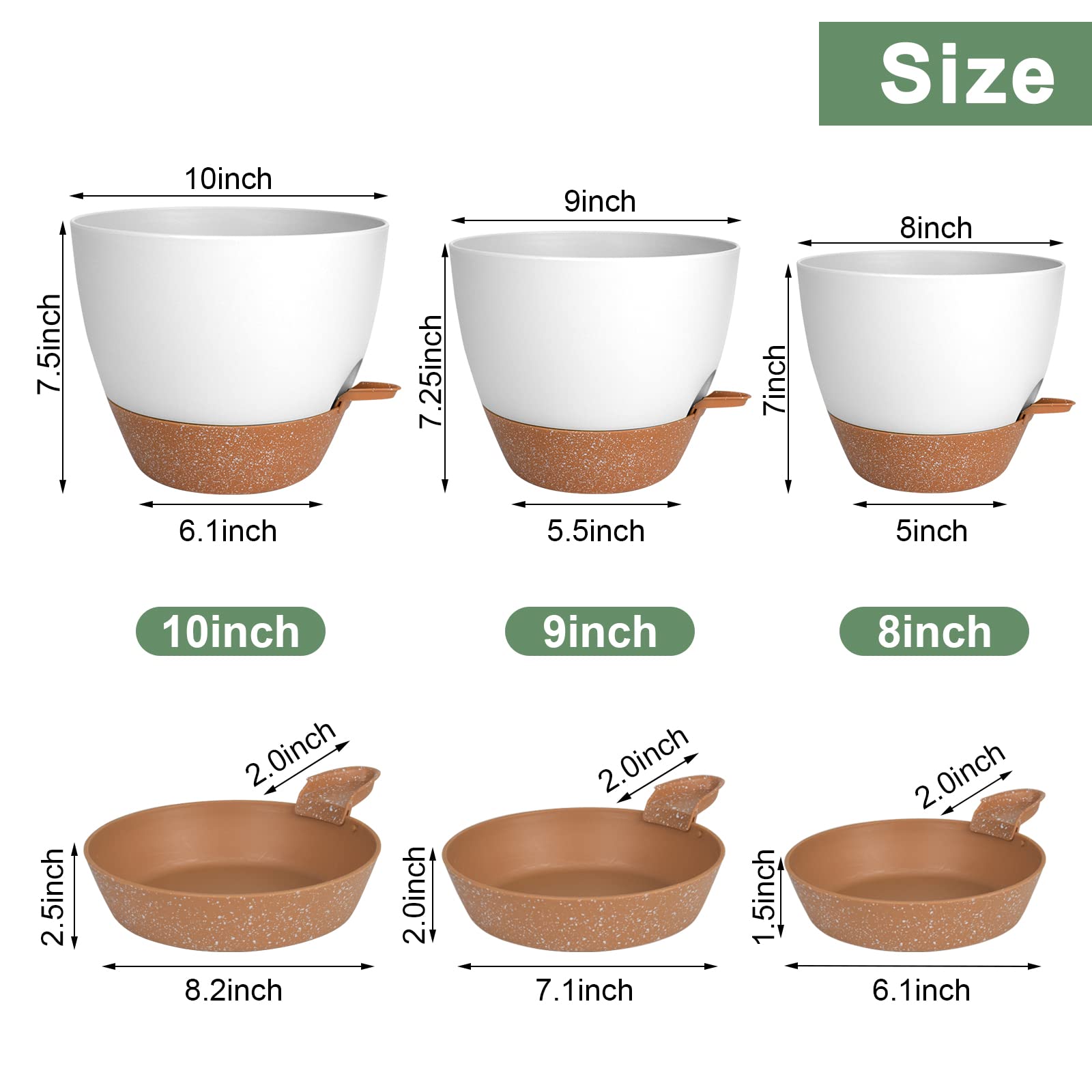 10/9/8 Inch Self-Watering Plastic Planters with Drainage Holes - Indoor/Outdoor Flower Pots for Houseplants, Succulents & Herbs (White) - Perfect for Home Decor, Office Plants & Garden Use