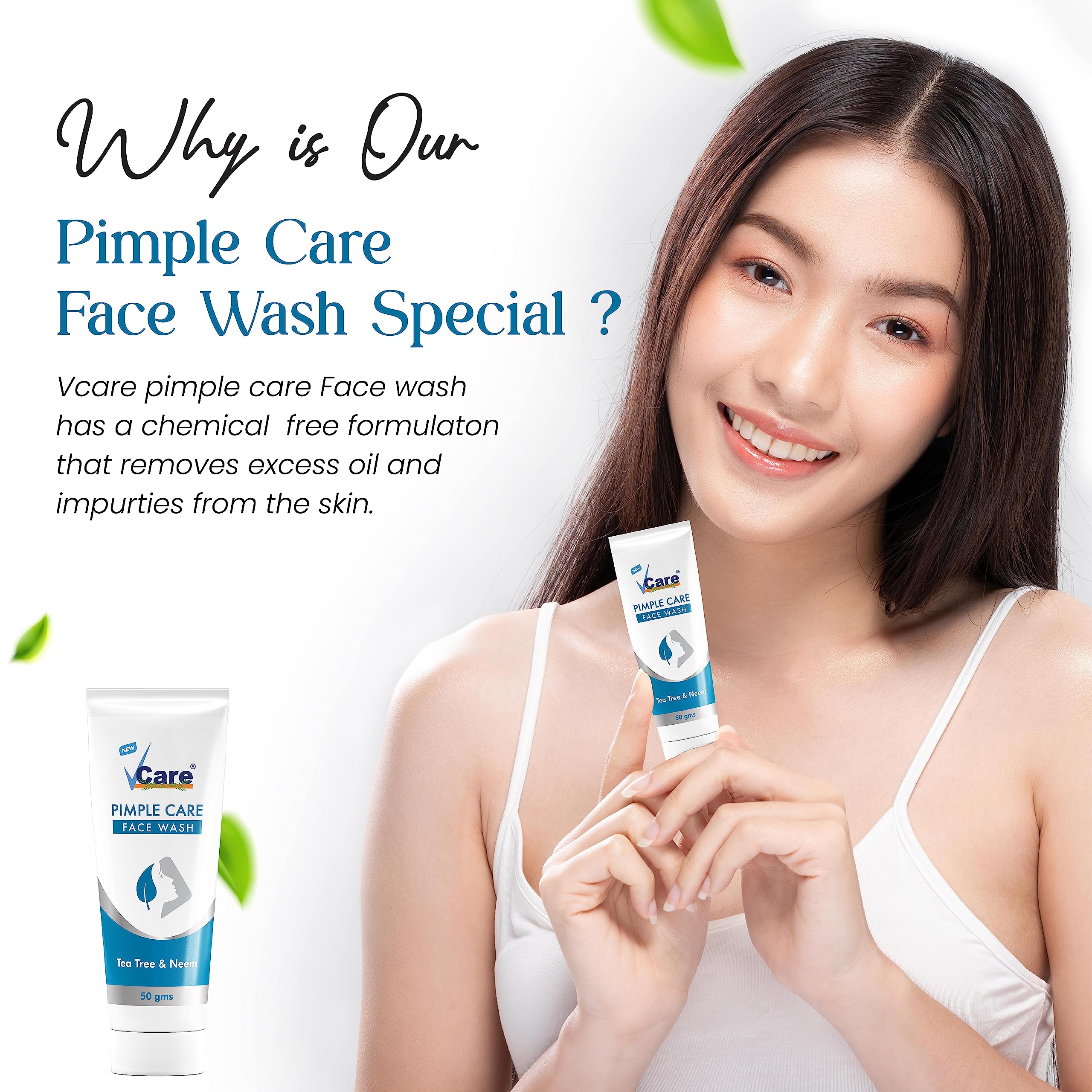 VCare Natural Pimple Face Wash for Oily Skin - Tea Tree & Neem Extract for Acne Control, Tan Removal & Skin Brightening (50g) | Suitable for Normal & Dry Skin | Pack of 1 | Daily Cleansing for Clear, Glowing Skin