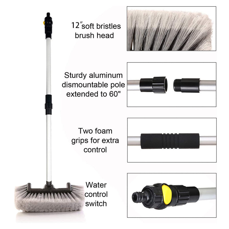 12 Pack Flow Thru Brush Heads with Adjustable Pole & On/Off Switch - 1.3' to 5 ft Extension - Perfect for Window Cleaning, Car Washing & Outdoor Surface Maintenance