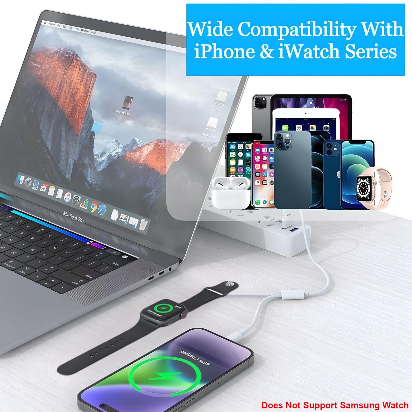 3-in-1 Magnetic Charging Cable for Apple Watch, iPhone & AirPods - Portable Fast Charger Compatible with iWatch Series 10/Ultra 2/SE 2/9/8/7/6/5/4/3/2/1, iPhone 14/13/12/11/Pro/Max/XS/X, iPad & MacBook - 1.3ft/40cm - Perfect for Travel, Office & Home Charging